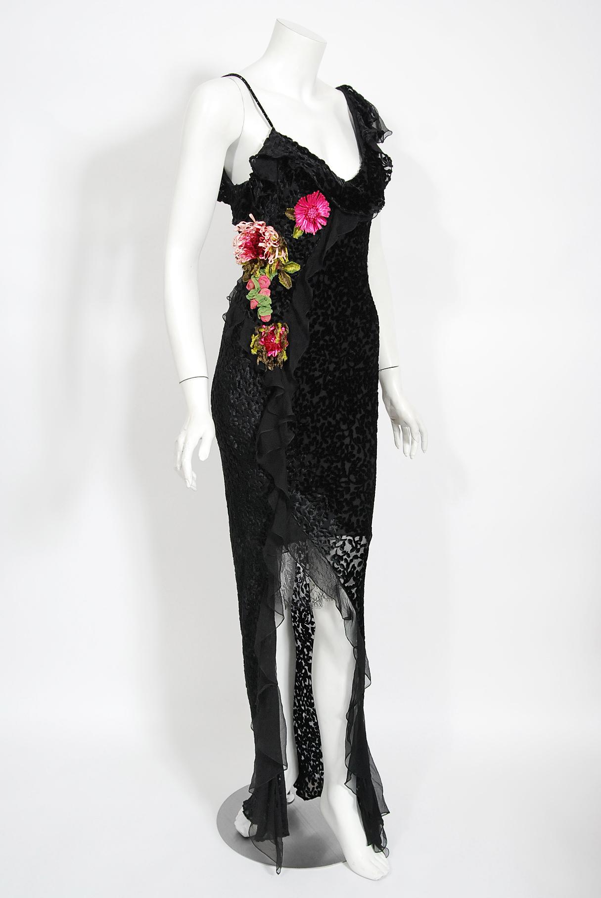 Vintage 2002 Christian Dior by Galliano Silk Velvet Floral Accent Bias-Cut Gown In Good Condition In Beverly Hills, CA