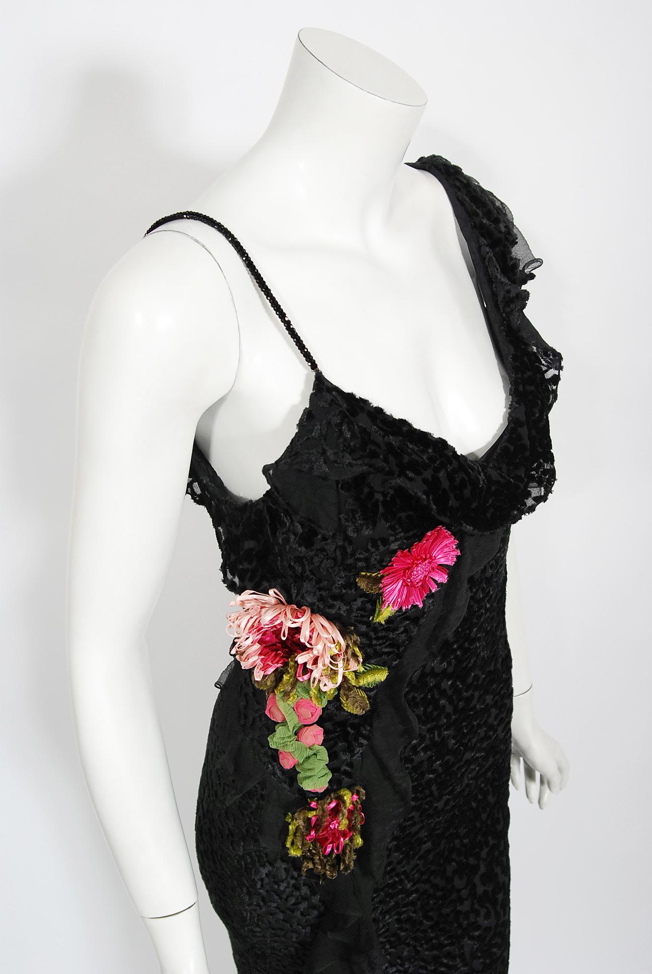 Women's Vintage 2002 Christian Dior by Galliano Silk Velvet Floral Accent Bias-Cut Gown
