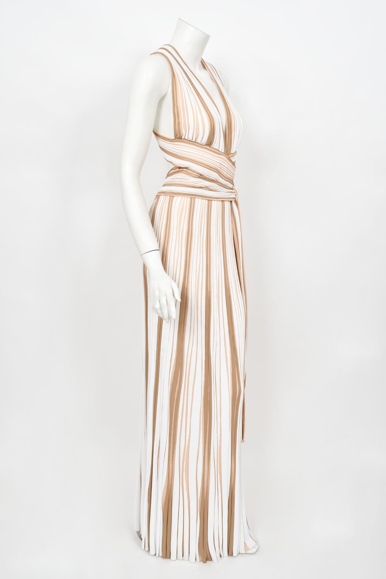 2002 Christian Dior by John Galliano Striped Stretch Knit Low-Plunge Maxi Dress For Sale 8
