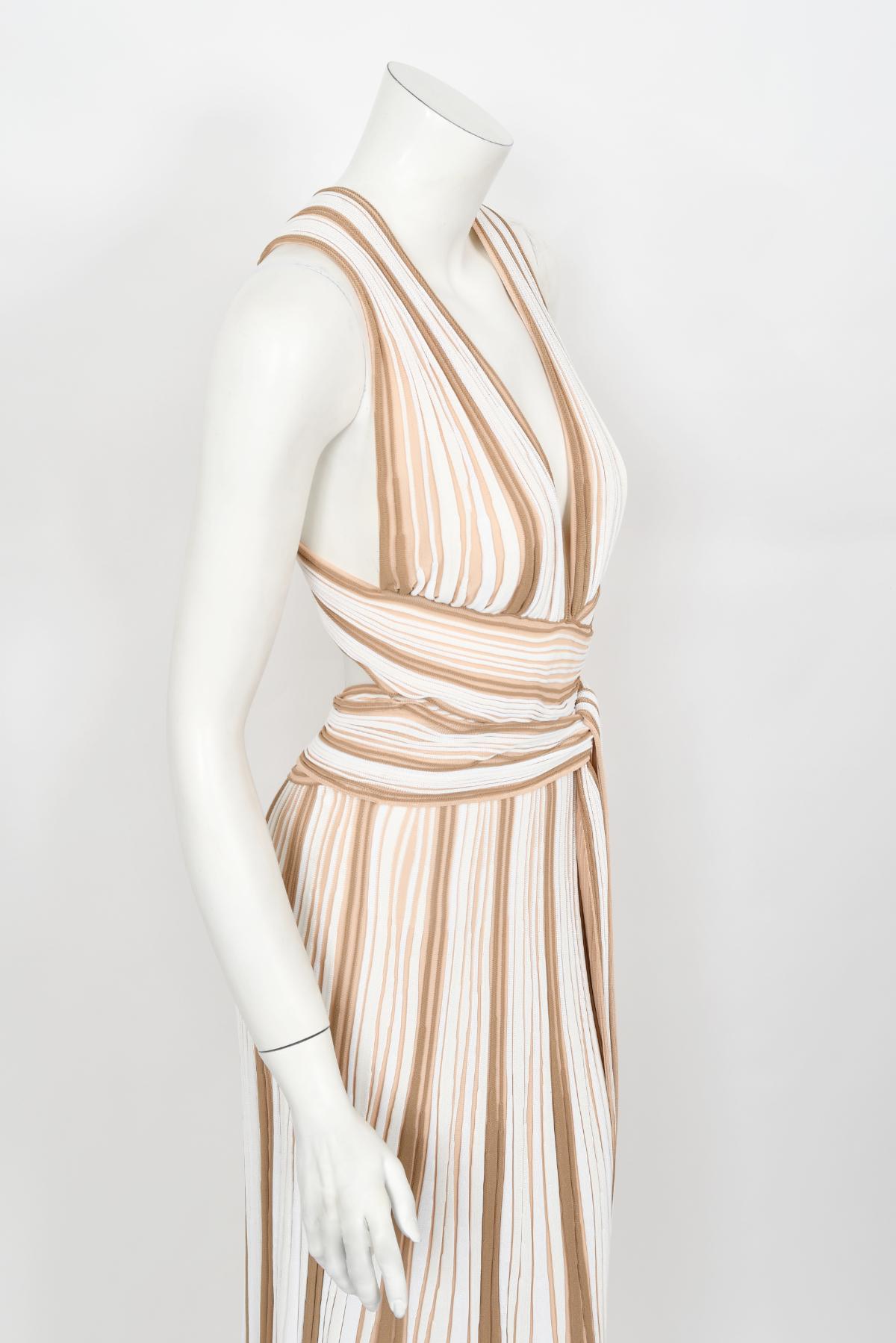 2002 Christian Dior by John Galliano Striped Stretch Knit Low-Plunge Maxi Dress For Sale 9