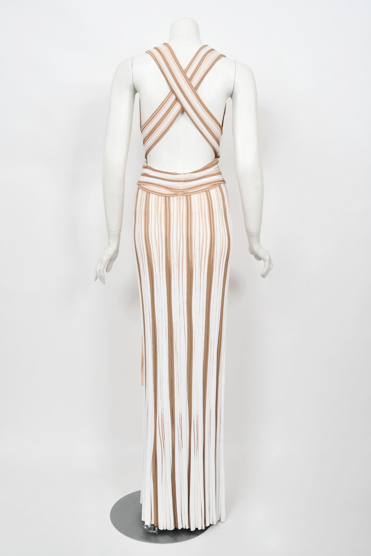 2002 Christian Dior by John Galliano Striped Stretch Knit Low-Plunge Maxi Dress For Sale 10