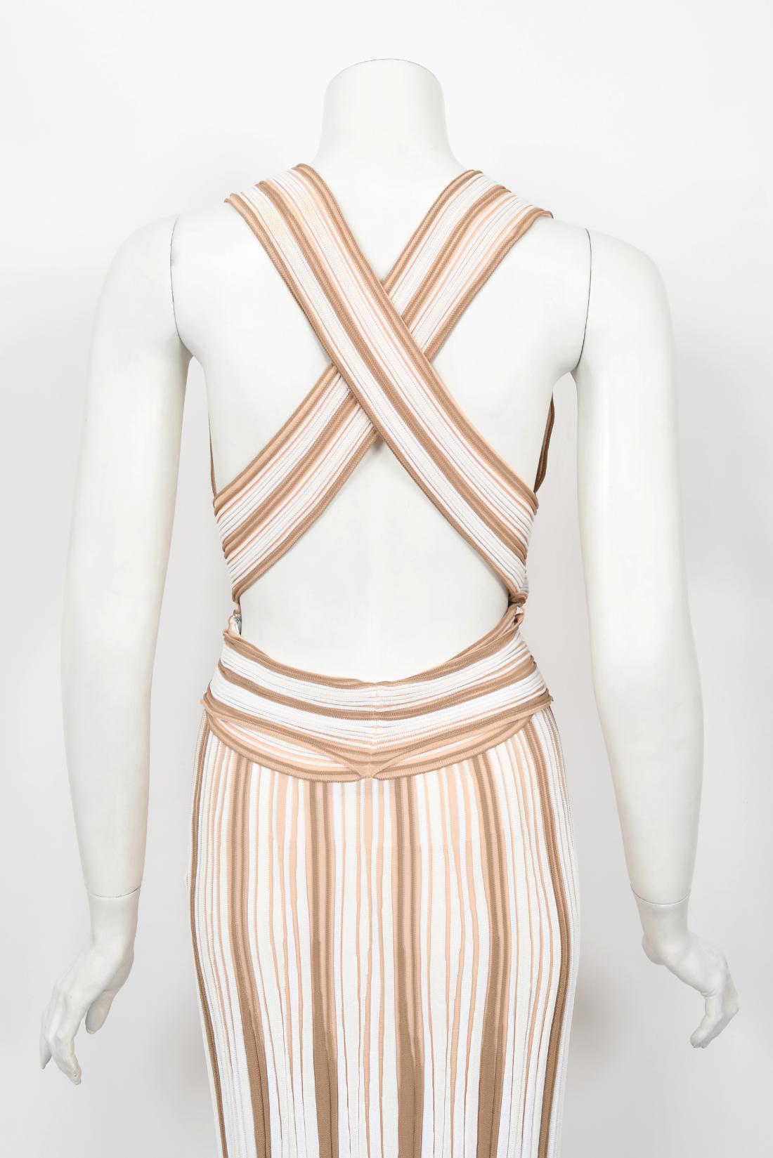 2002 Christian Dior by John Galliano Striped Stretch Knit Low-Plunge Maxi Dress For Sale 11