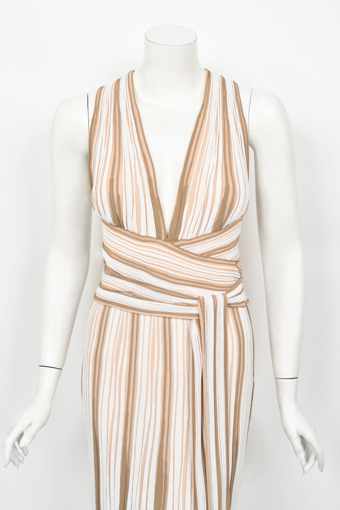 Women's 2002 Christian Dior by John Galliano Striped Stretch Knit Low-Plunge Maxi Dress For Sale