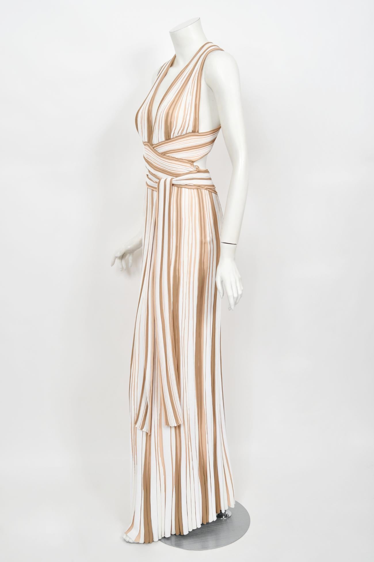 2002 Christian Dior by John Galliano Striped Stretch Knit Low-Plunge Maxi Dress For Sale 1