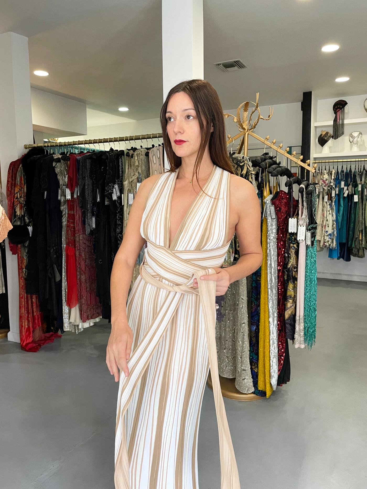 Beige 2002 Christian Dior by John Galliano Striped Stretch Knit Low-Plunge Maxi Dress For Sale