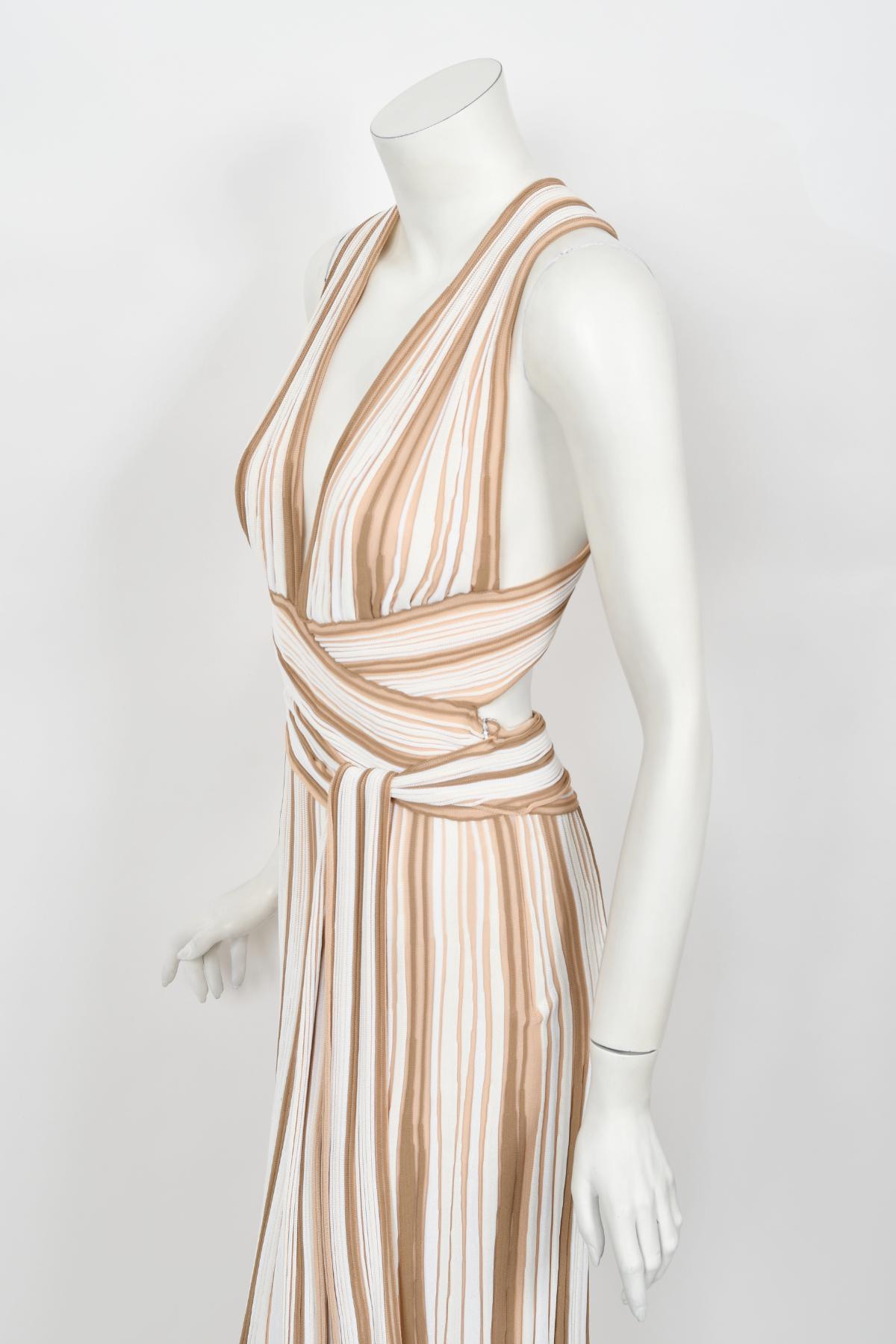 2002 Christian Dior by John Galliano Striped Stretch Knit Low-Plunge Maxi Dress For Sale 2