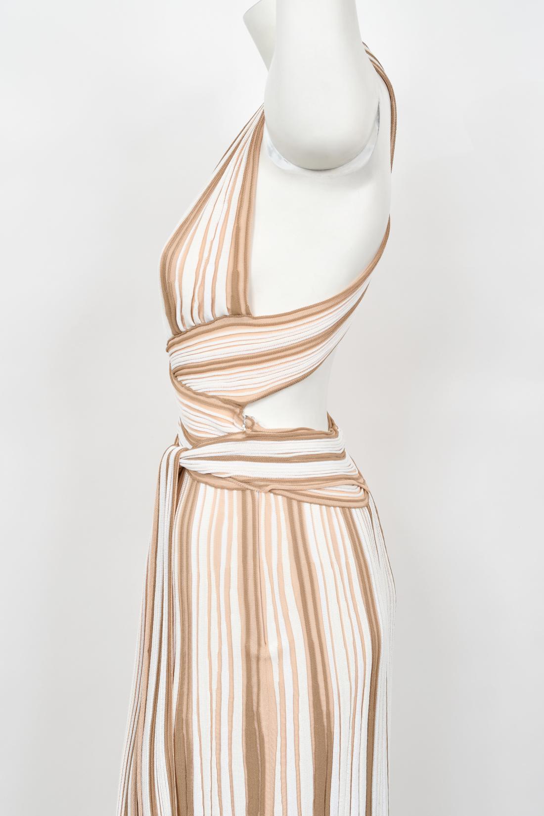 2002 Christian Dior by John Galliano Striped Stretch Knit Low-Plunge Maxi Dress For Sale 5
