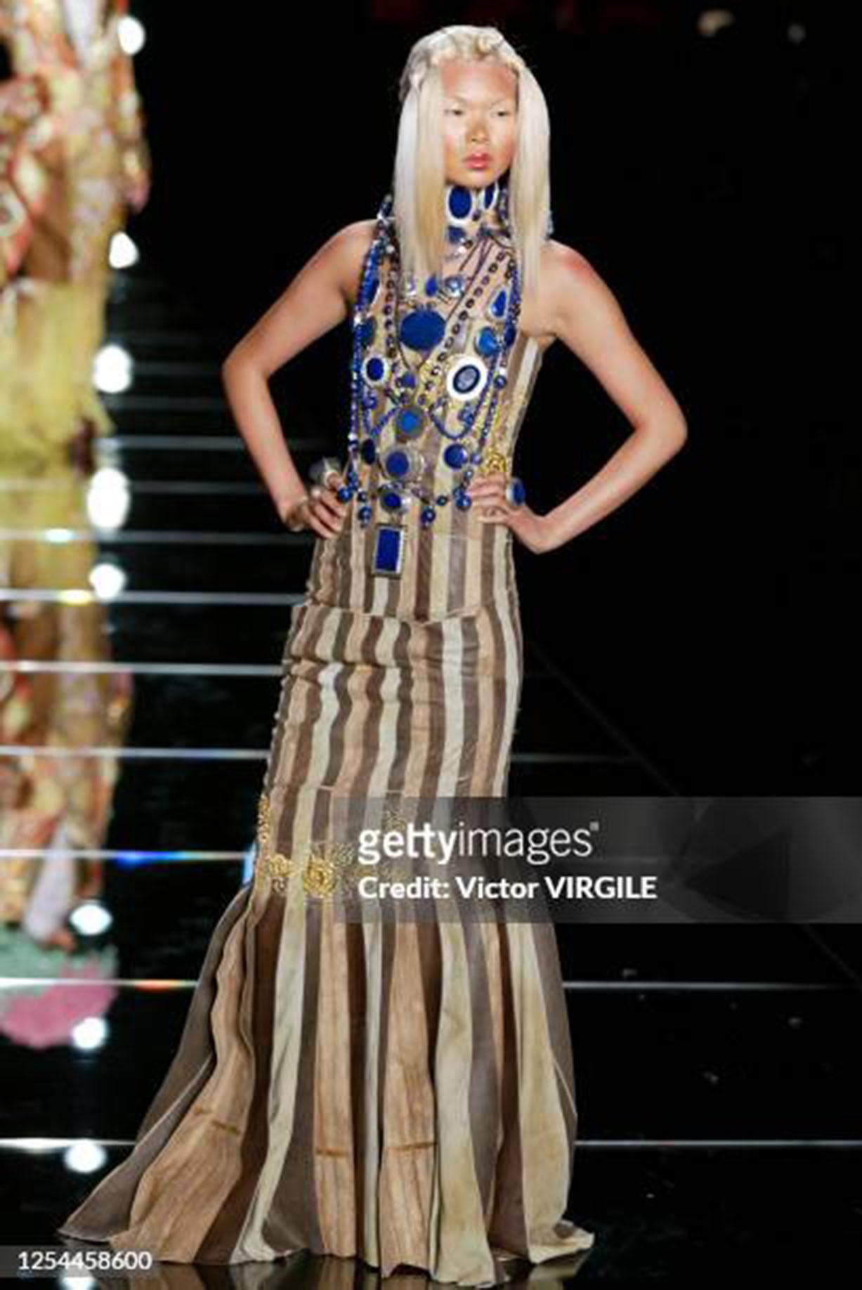 2002 Christian Dior by John Galliano Striped Stretch Knit Low-Plunge Maxi Dress For Sale 4