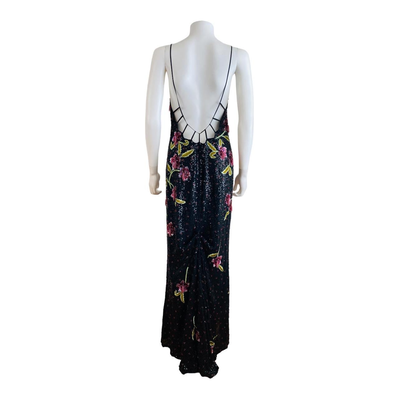 Vintage 2002 Escada Hand Beaded Sequin Floral Maxi Dress Gown Black Pink Flowers 5