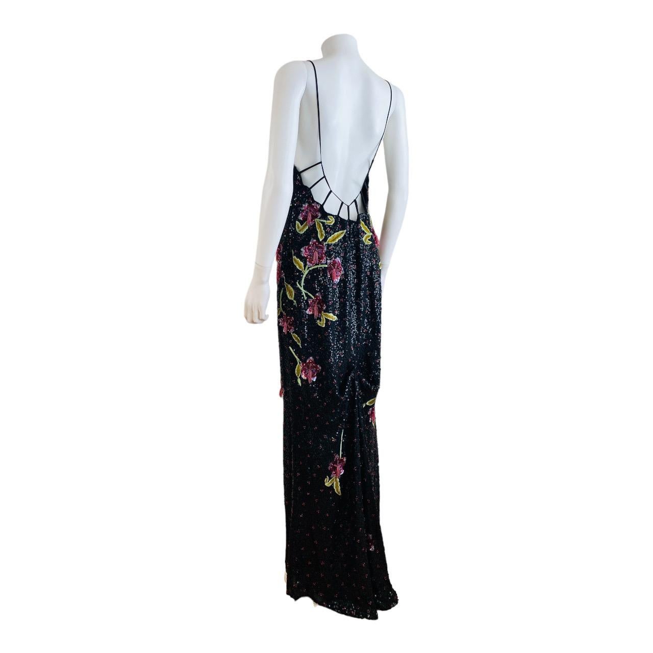 Vintage 2002 Escada Hand Beaded Sequin Floral Maxi Dress Gown Black Pink Flowers For Sale 6