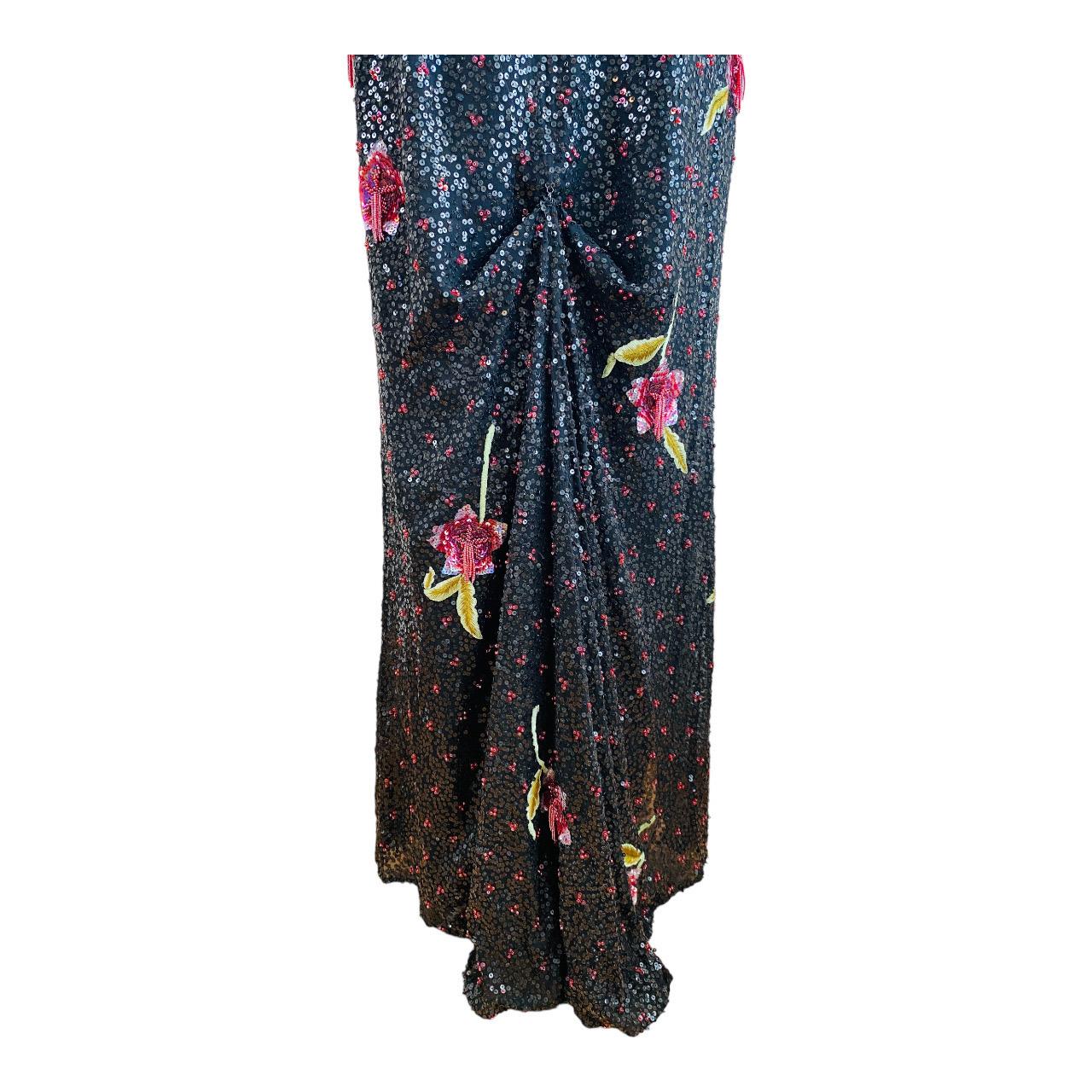 Vintage 2002 Escada Hand Beaded Sequin Floral Maxi Dress Gown Black Pink Flowers For Sale 11