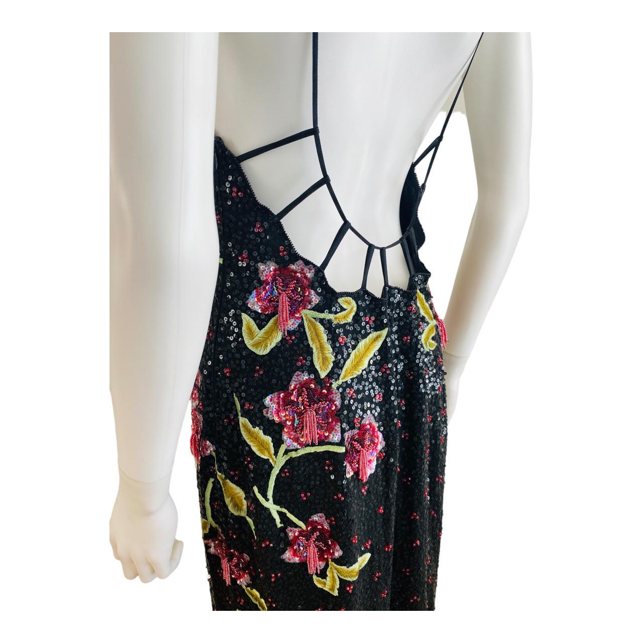 Vintage 2002 Escada Hand Beaded Sequin Floral Maxi Dress Gown Black Pink Flowers For Sale 10
