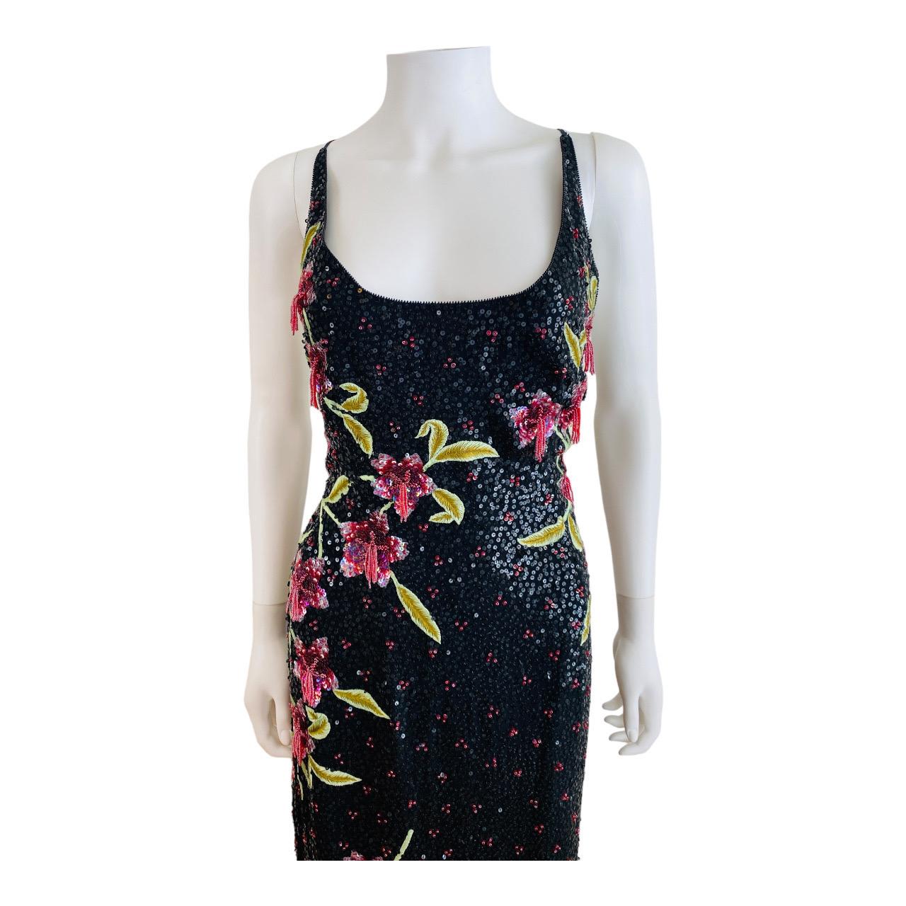 Vintage 2002 Escada Hand Beaded Sequin Floral Maxi Dress Gown Black Pink Flowers In Excellent Condition For Sale In Denver, CO
