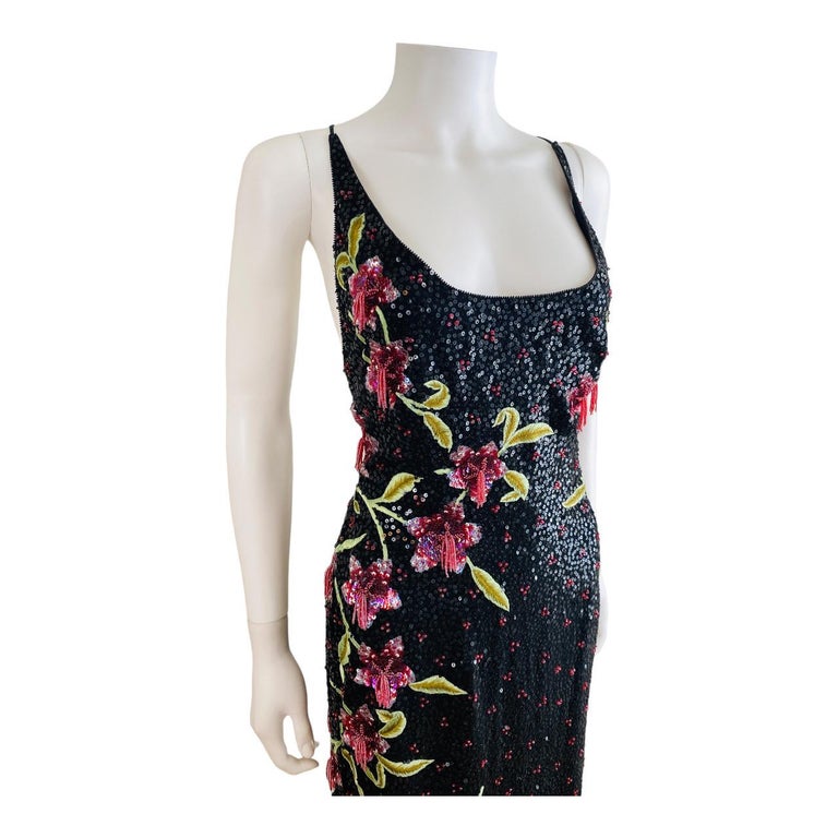 escada sequin dress Vintage 2002 Escada Hand Beaded Sequin Floral Maxi Dress Gown Black Pink  Flowers at 1stDibs