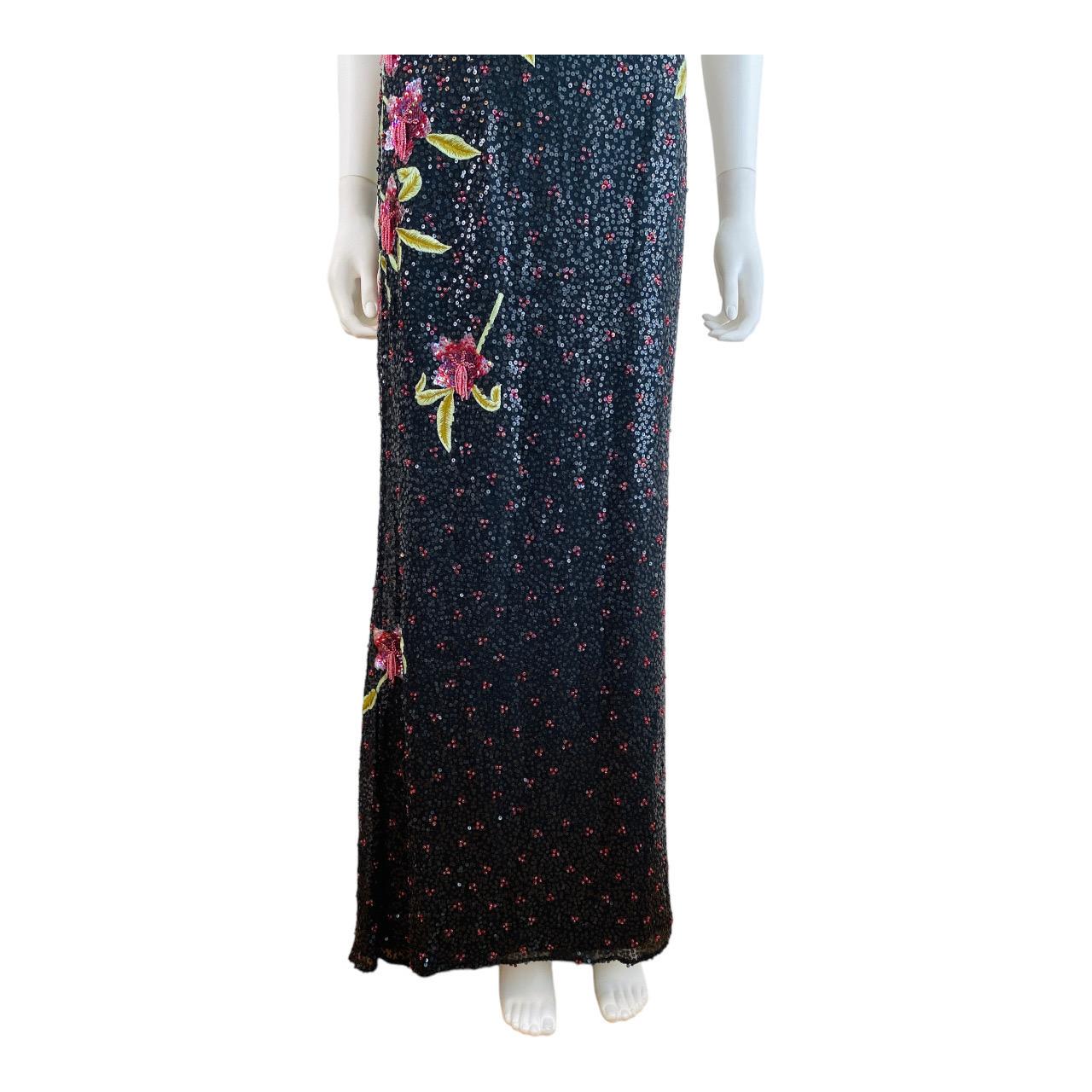 Vintage 2002 Escada Hand Beaded Sequin Floral Maxi Dress Gown Black Pink Flowers For Sale 1