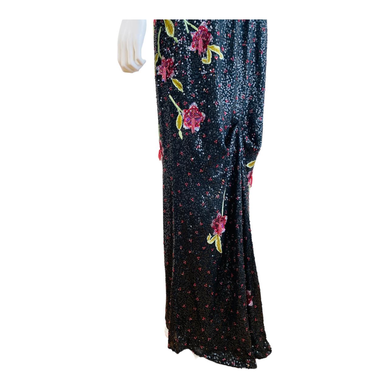 Vintage 2002 Escada Hand Beaded Sequin Floral Maxi Dress Gown Black Pink Flowers For Sale 3