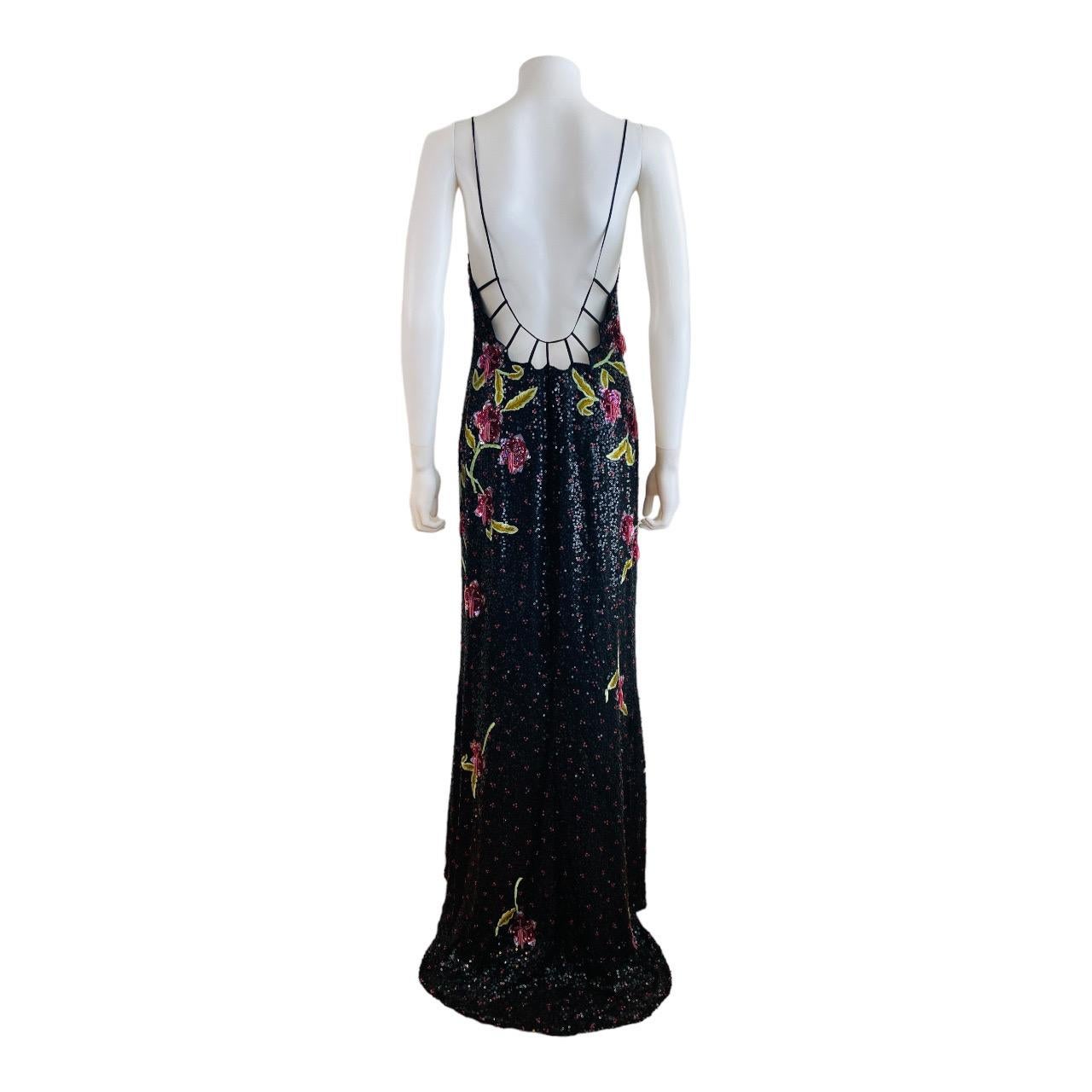 Vintage 2002 Escada Hand Beaded Sequin Floral Maxi Dress Gown Black Pink Flowers 4