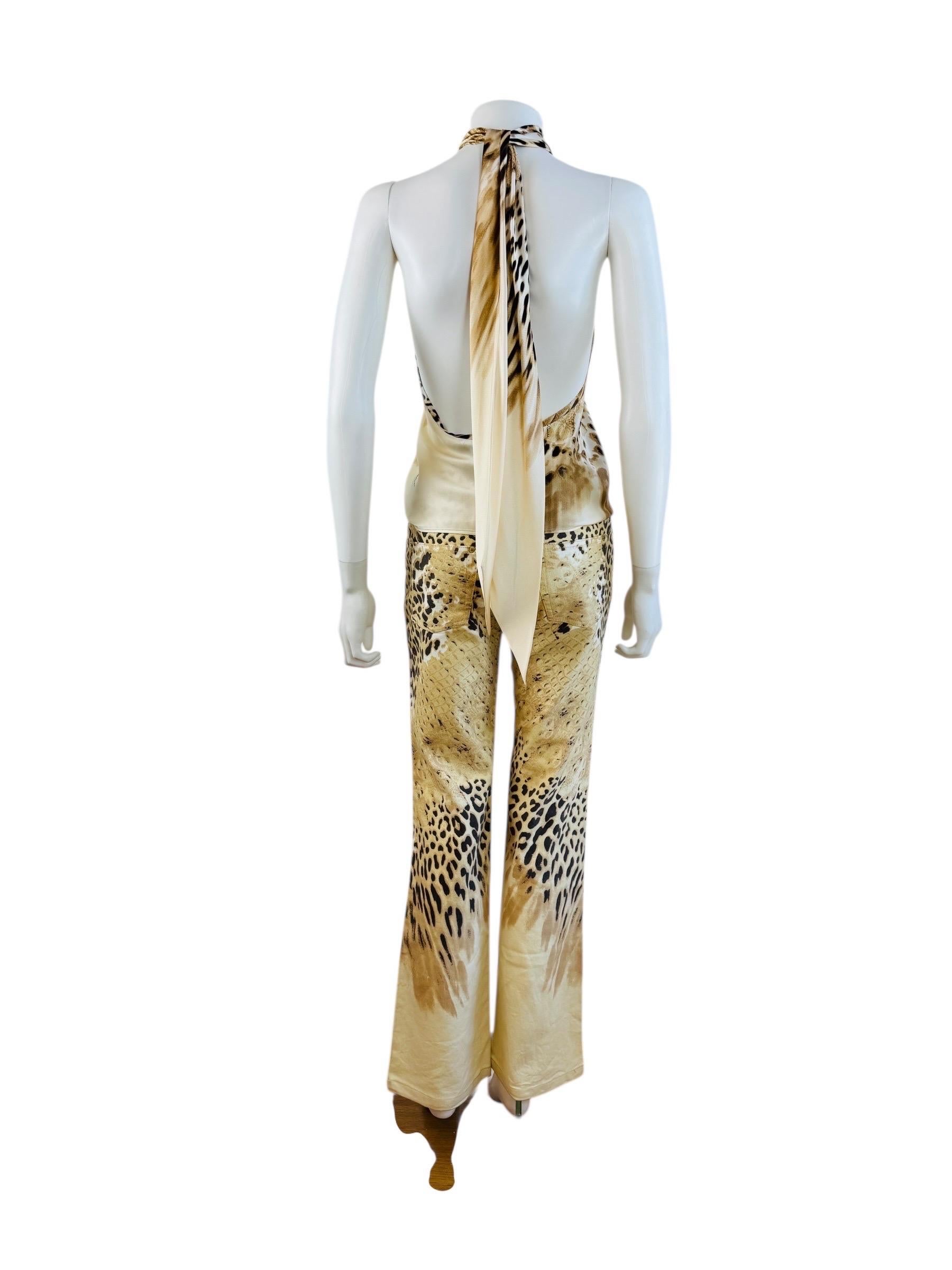 Vintage By 2002 Roberto Cavalli Leopard Crocodile Pants Jeans + Silk Halter Top in vendita 5