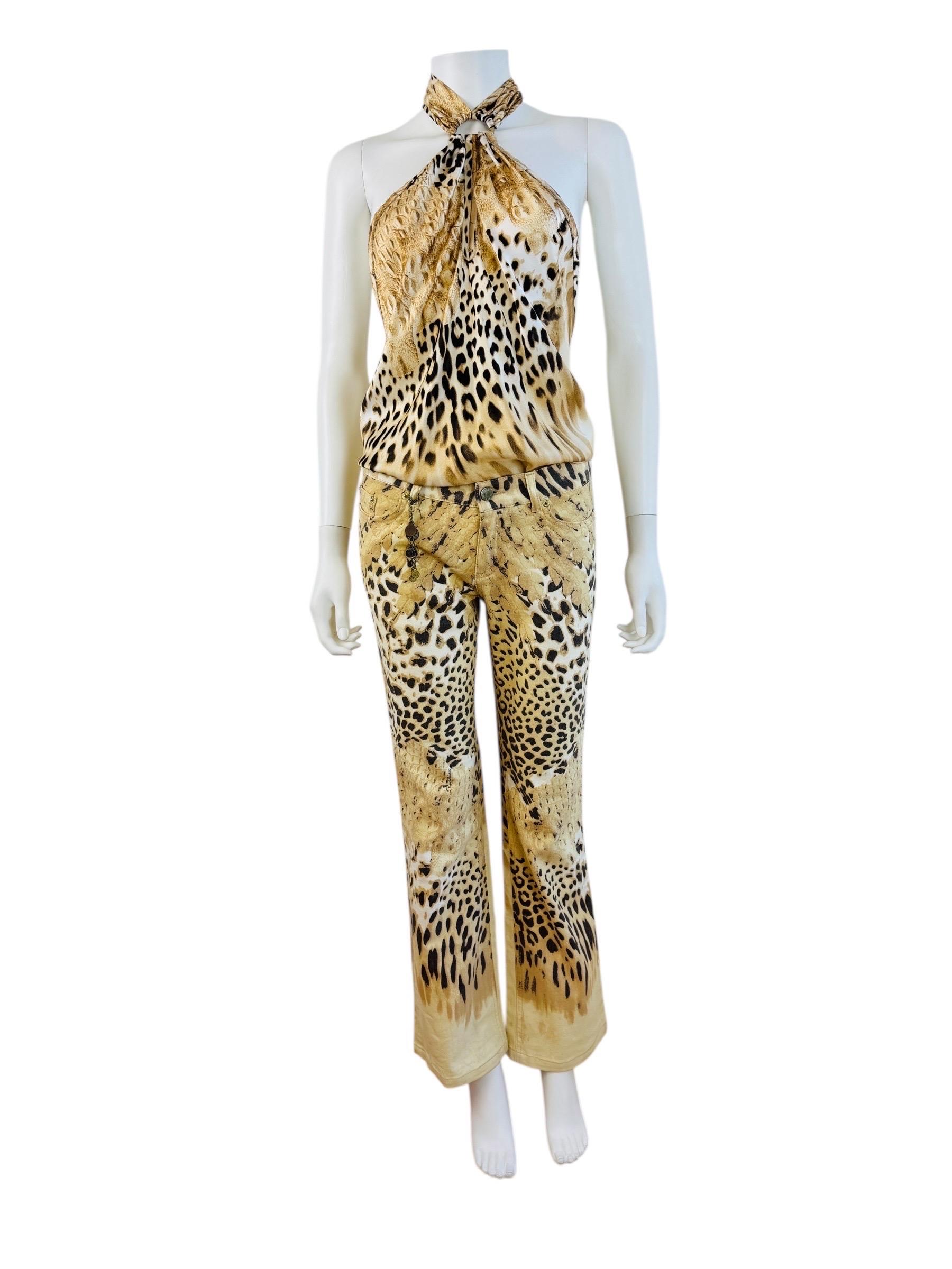 Beige Vintage By 2002 Roberto Cavalli Leopard Crocodile Pants Jeans + Silk Halter Top in vendita