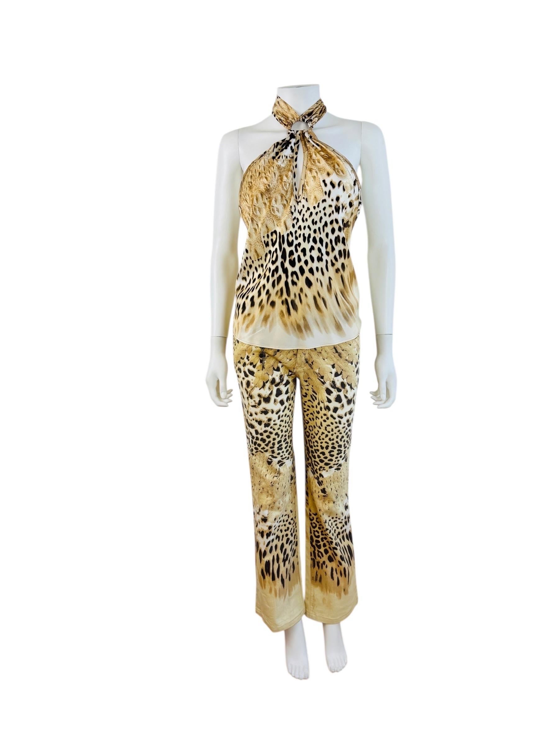 Vintage By 2002 Roberto Cavalli Leopard Crocodile Pants Jeans + Silk Halter Top In condizioni ottime in vendita a Denver, CO