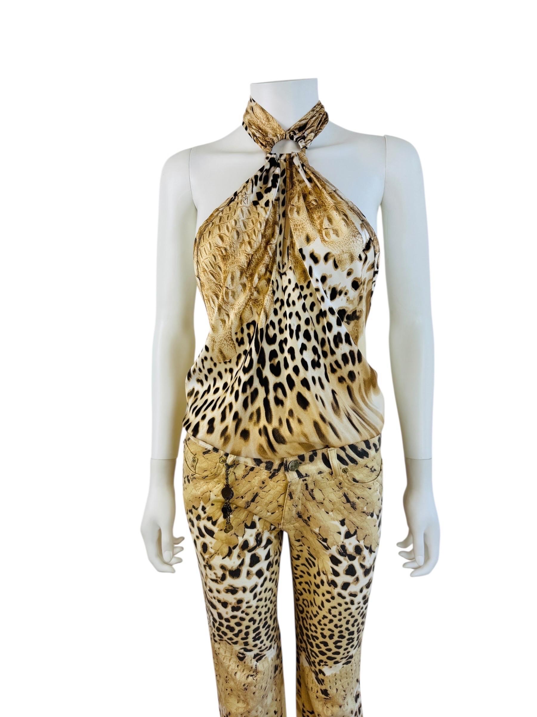 da uomo o donna Vintage By 2002 Roberto Cavalli Leopard Crocodile Pants Jeans + Silk Halter Top in vendita
