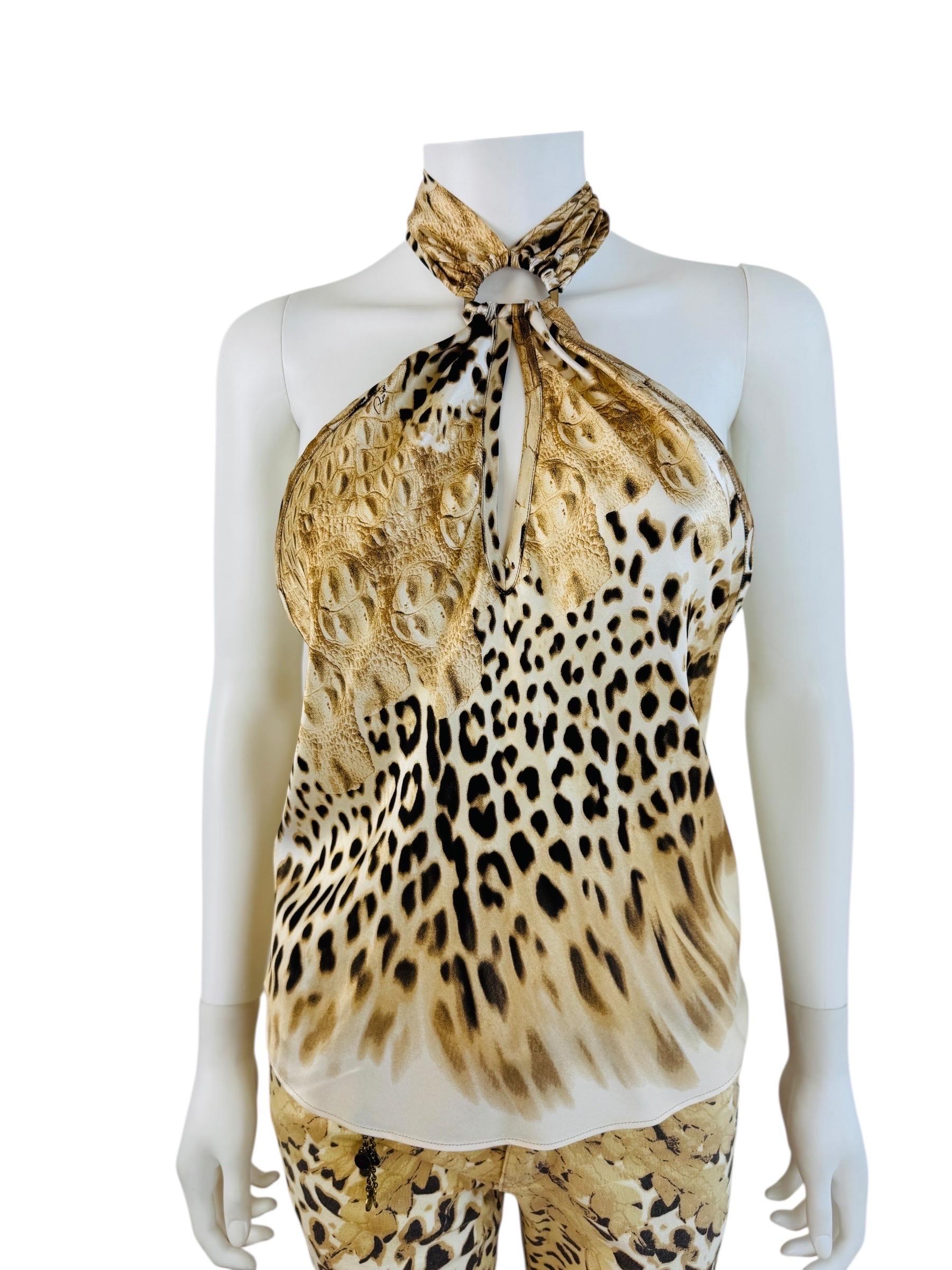 Vintage By 2002 Roberto Cavalli Leopard Crocodile Pants Jeans + Silk Halter Top in vendita 1