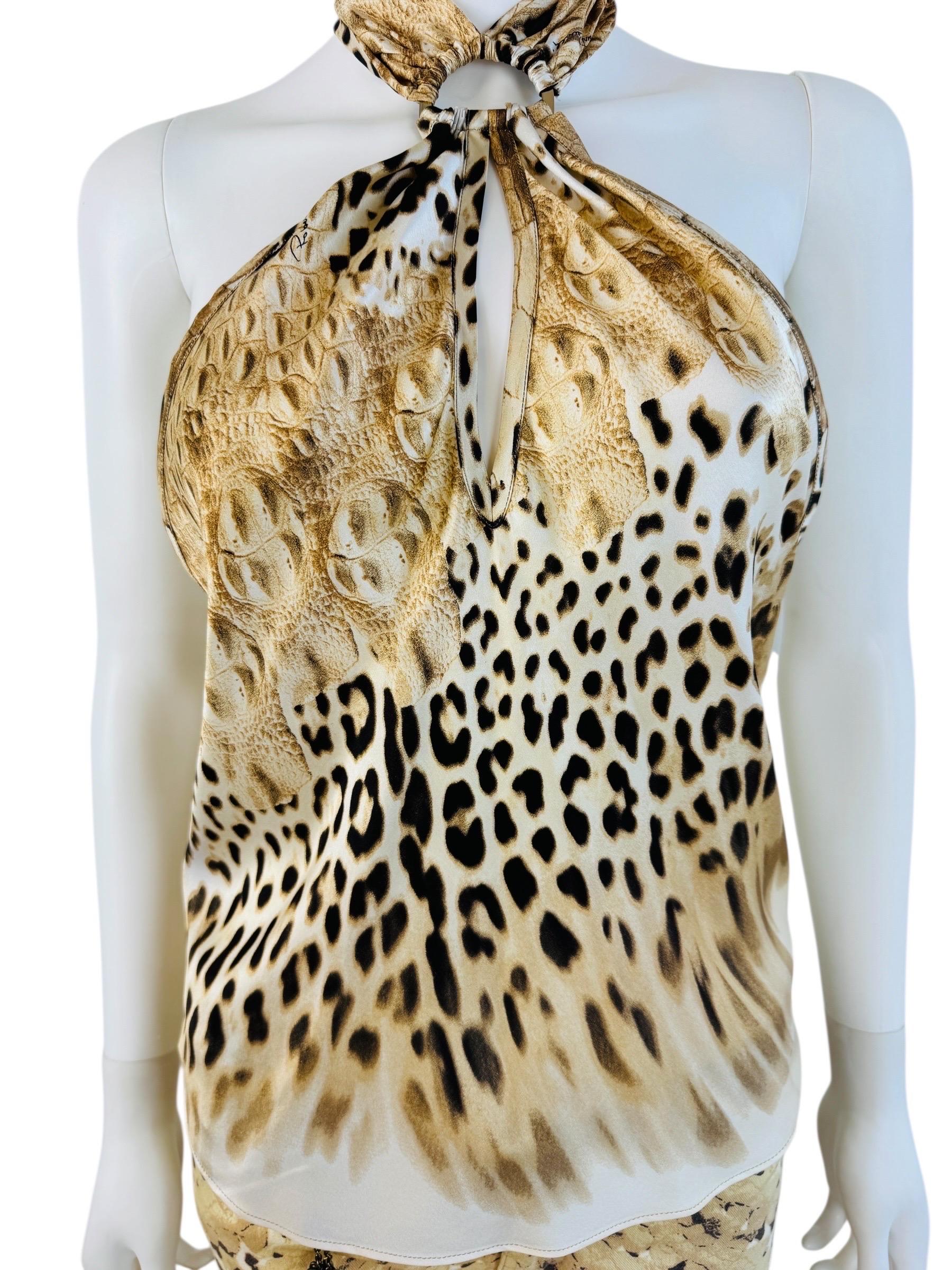 Vintage By 2002 Roberto Cavalli Leopard Crocodile Pants Jeans + Silk Halter Top in vendita 2