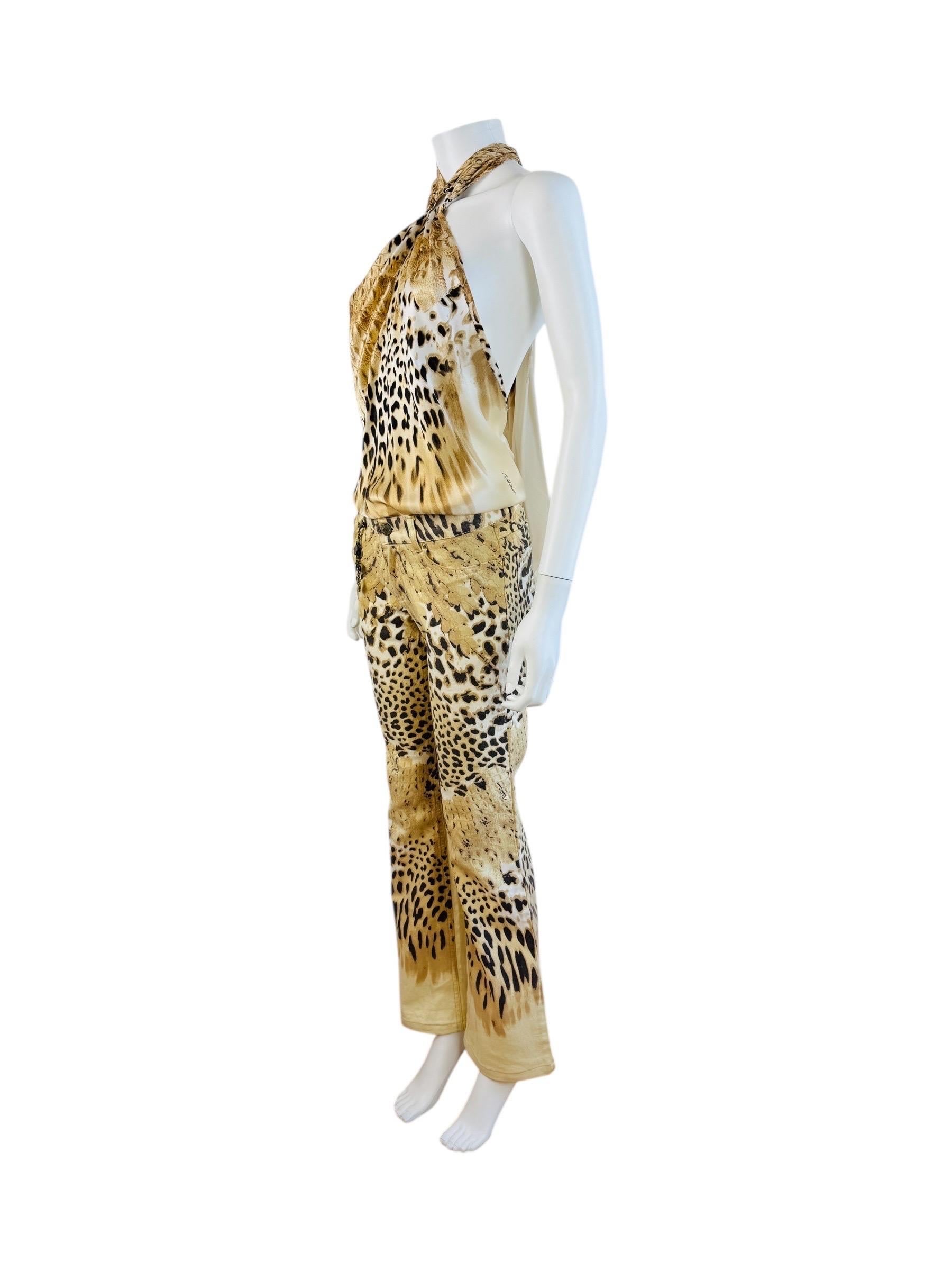 Vintage By 2002 Roberto Cavalli Leopard Crocodile Pants Jeans + Silk Halter Top in vendita 3