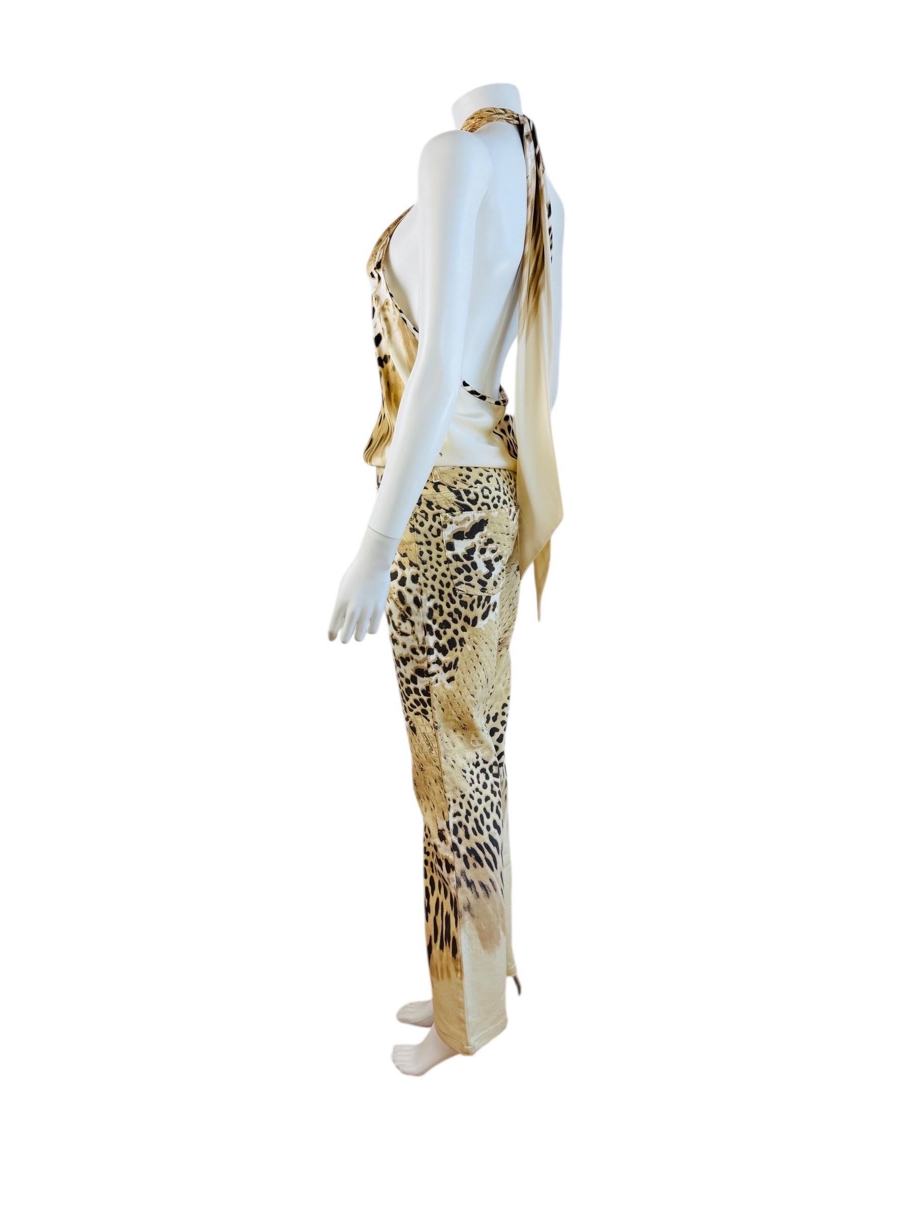 Vintage By 2002 Roberto Cavalli Leopard Crocodile Pants Jeans + Silk Halter Top in vendita 4