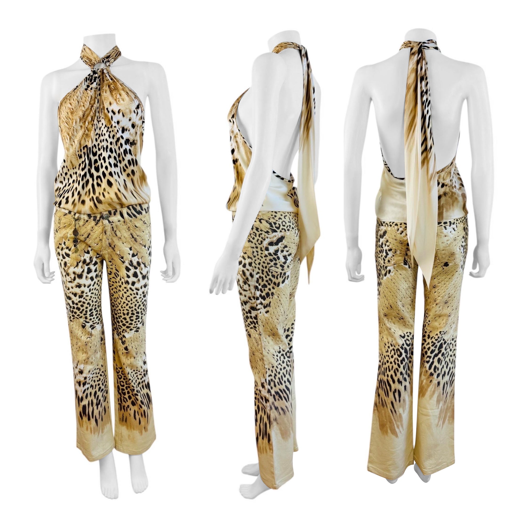Vintage By 2002 Roberto Cavalli Leopard Crocodile Pants Jeans + Silk Halter Top