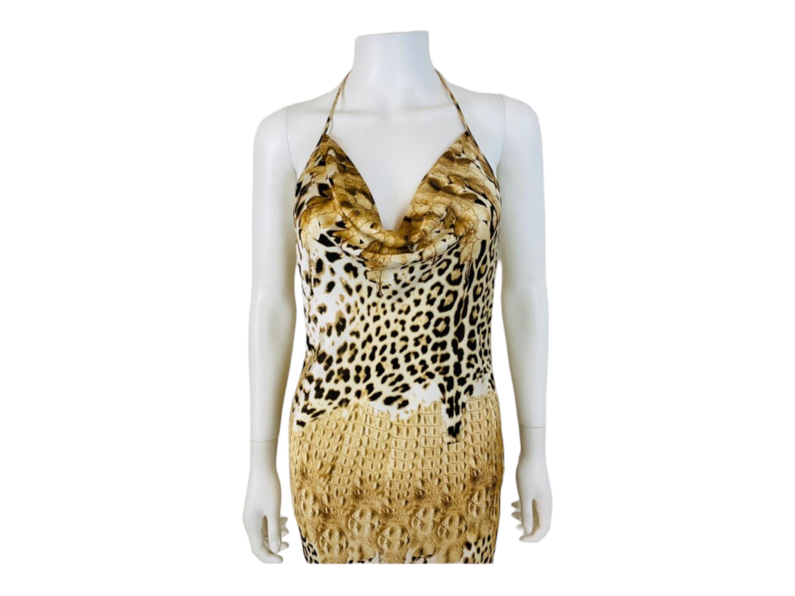 Women's Vintage 2002 Y2K Roberto Cavalli Silk Cheetah Crocodile Mermaid Halter Dress For Sale