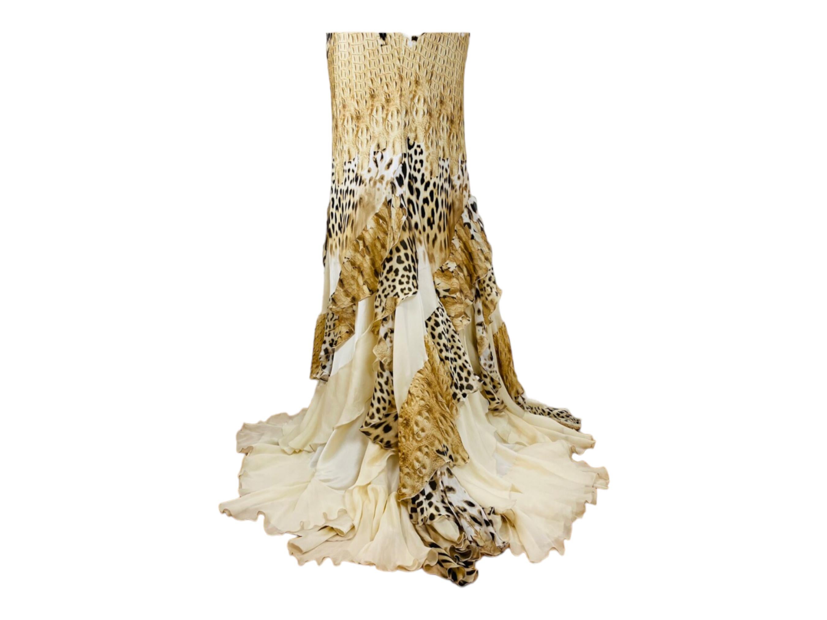 Vintage 2002 Y2K Roberto Cavalli Silk Cheetah Crocodile Mermaid Halter Dress For Sale 1