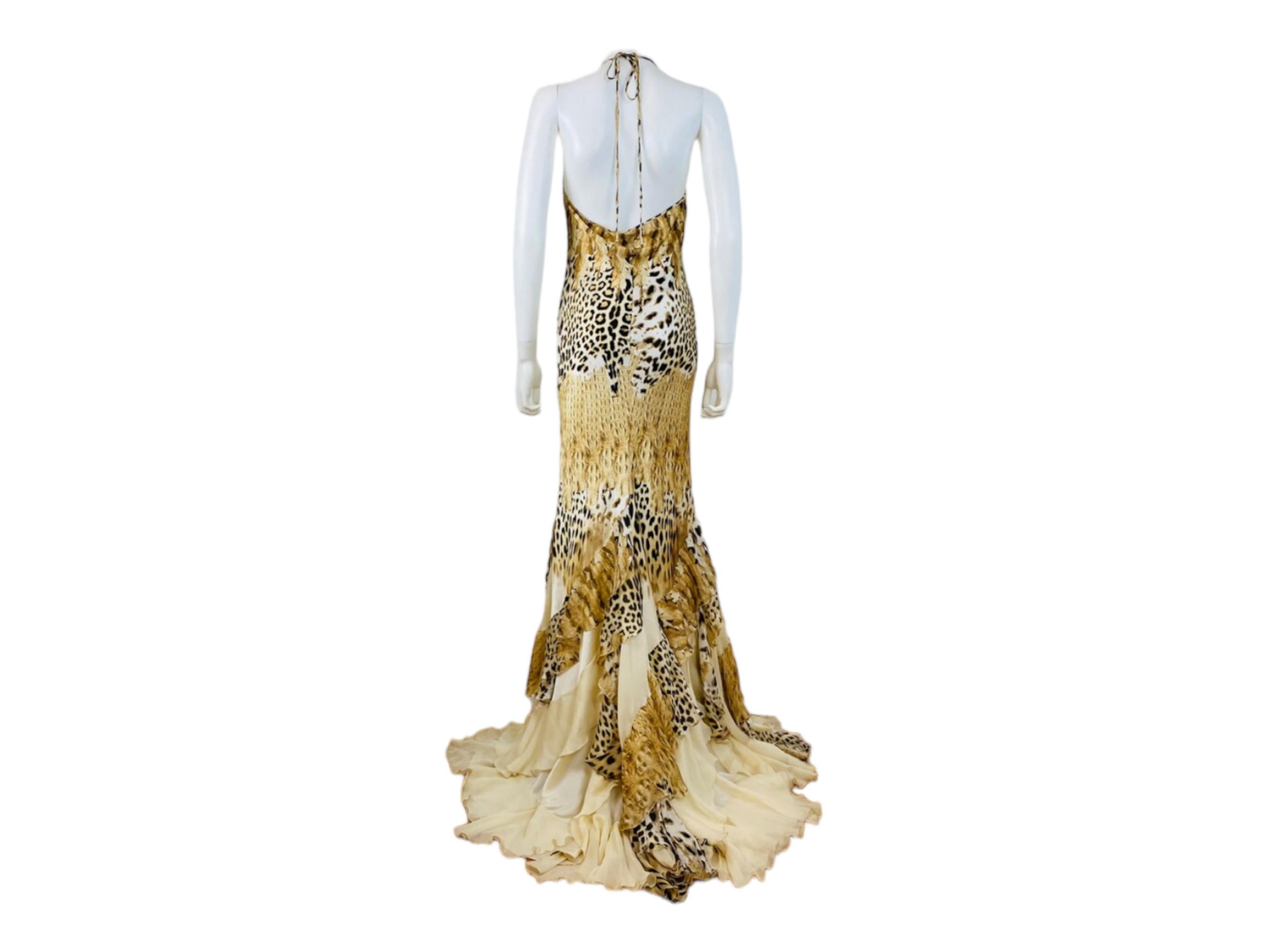 Vintage 2002 Y2K Roberto Cavalli Silk Cheetah Crocodile Mermaid Halter Dress For Sale 3