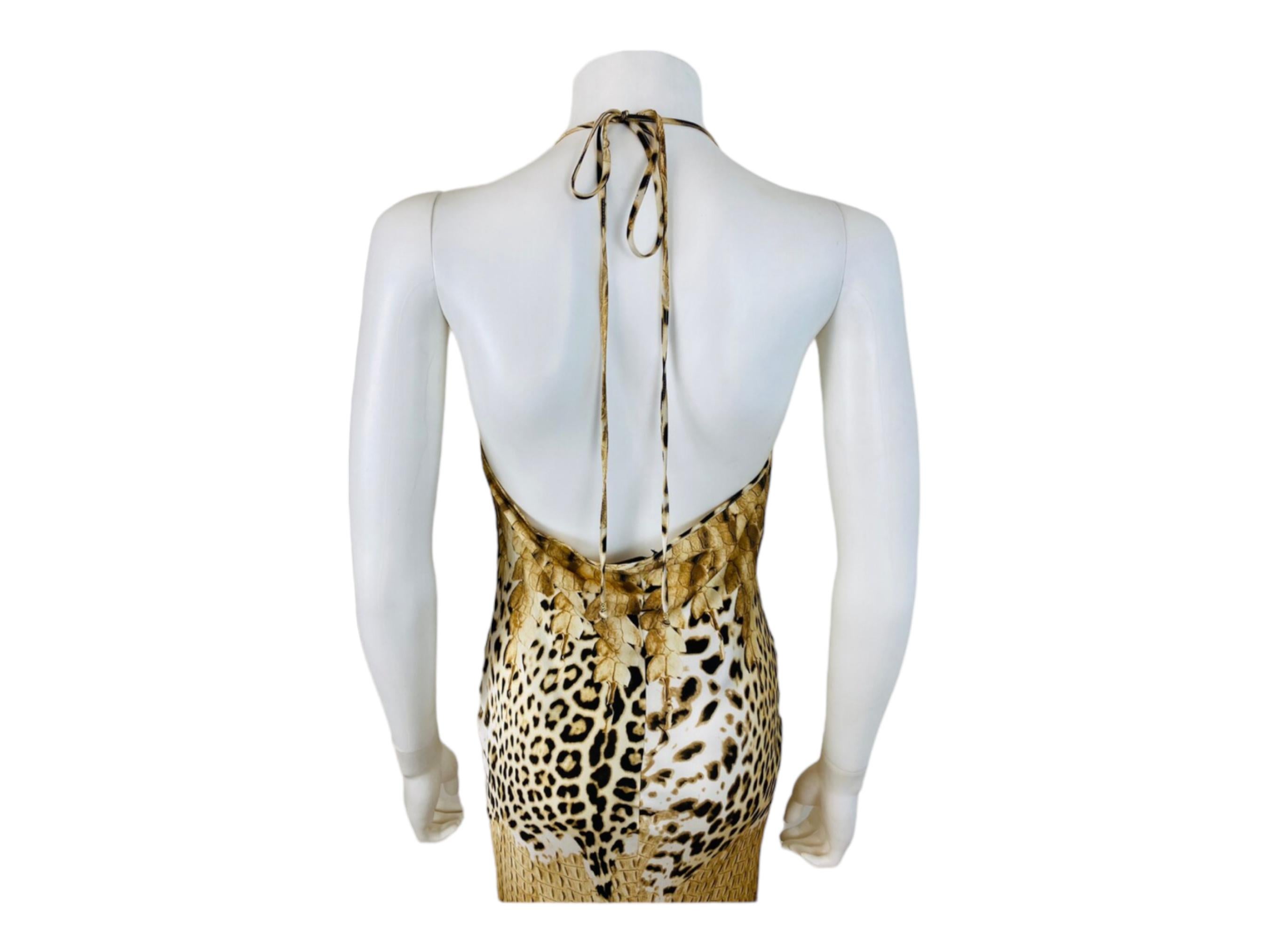 Vintage 2002 Y2K Roberto Cavalli Silk Cheetah Crocodile Mermaid Halter Dress For Sale 4