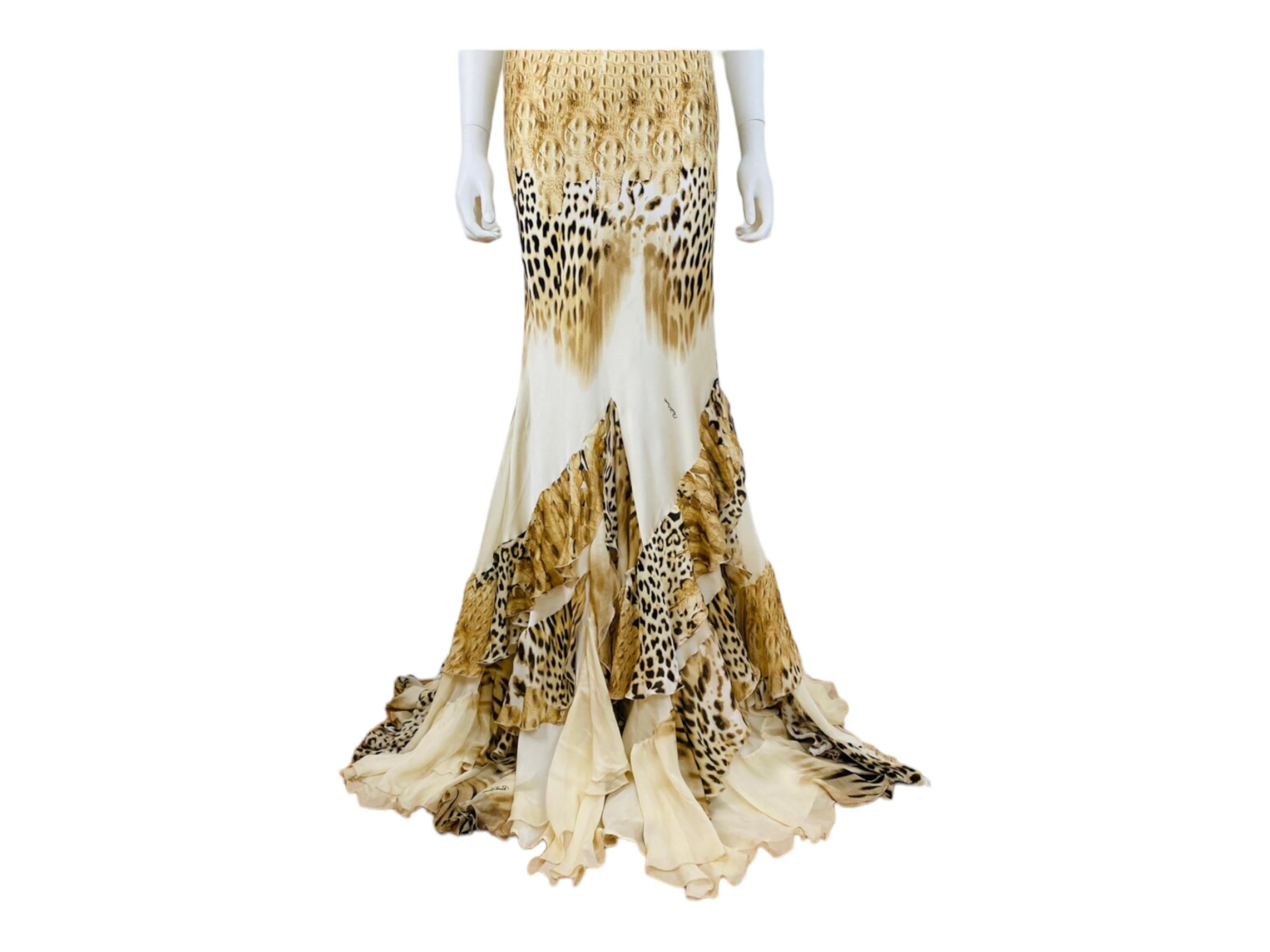 Vintage 2002 Y2K Roberto Cavalli Silk Cheetah Crocodile Mermaid Halter Dress For Sale 5
