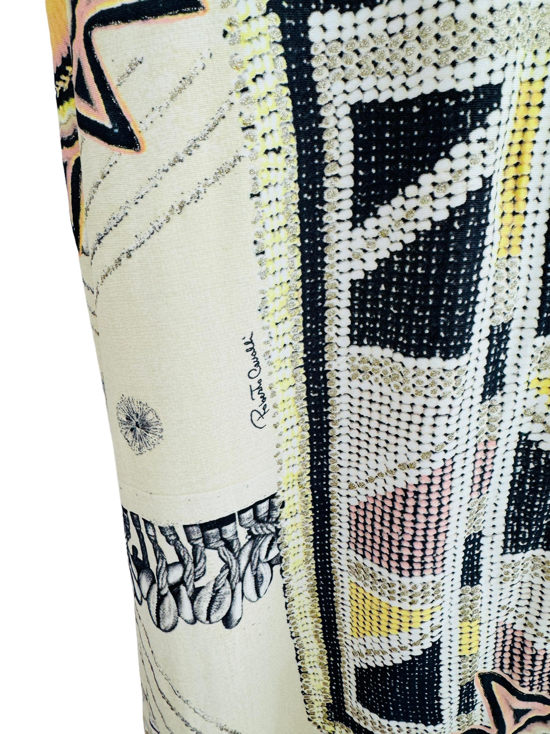 Vintage 2003 2000s Y2K Roberto Cavalli Cream Tribal Turquoise Dress Seashells For Sale 5