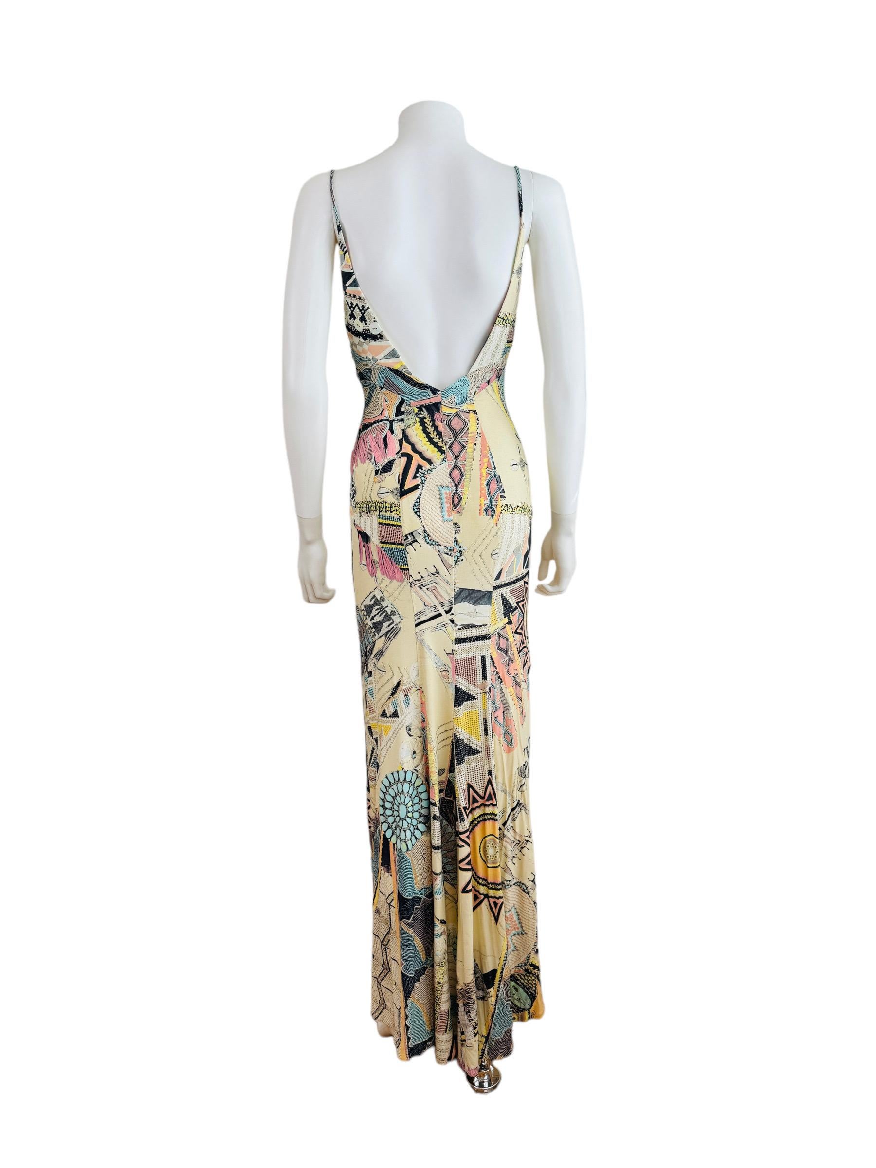 Vintage 2003 2000s Y2K Roberto Cavalli Cream Tribal Turquoise Dress Seashells For Sale 6