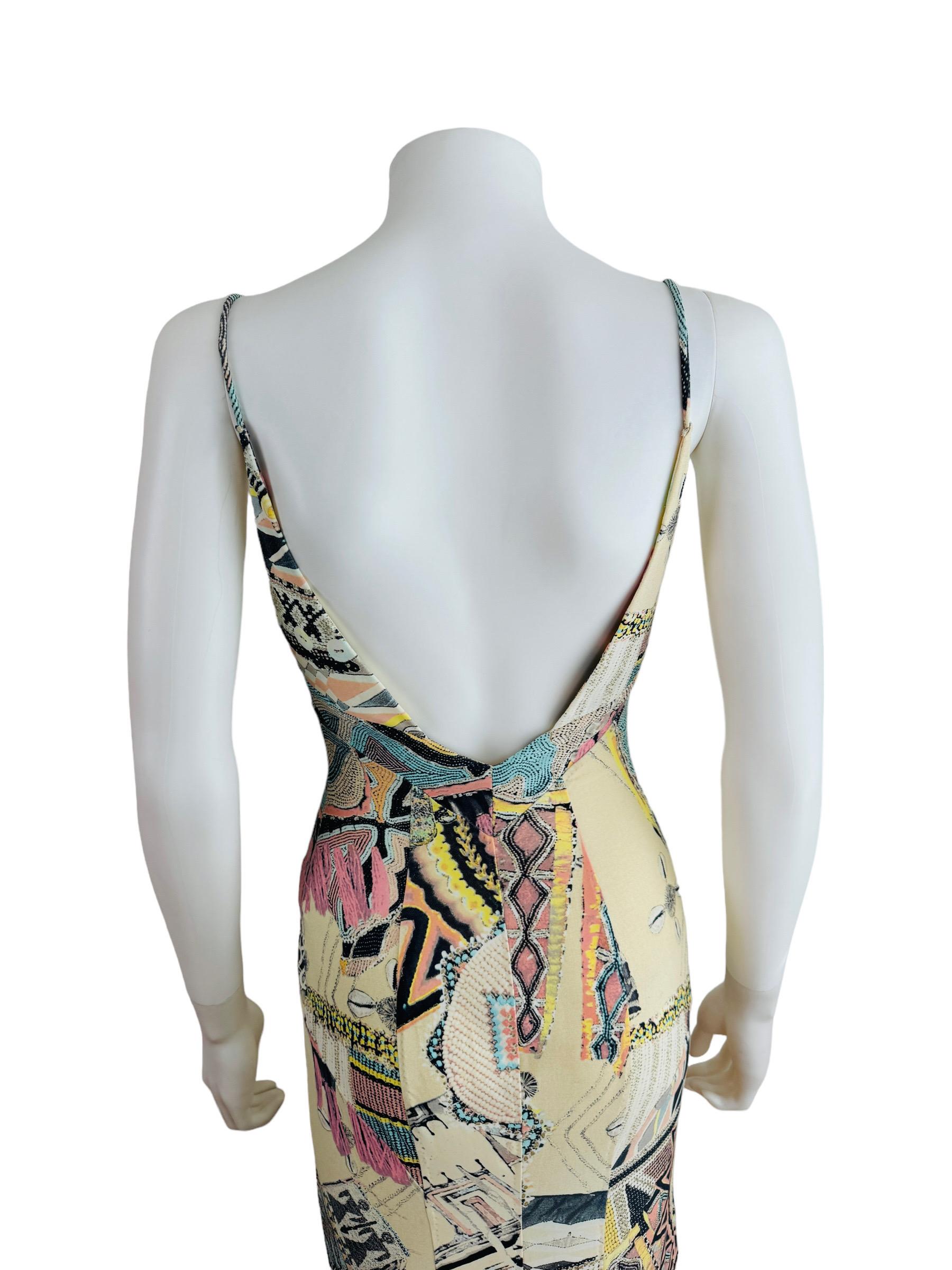 Vintage 2003 2000s Y2K Roberto Cavalli Cream Tribal Turquoise Dress Seashells For Sale 8