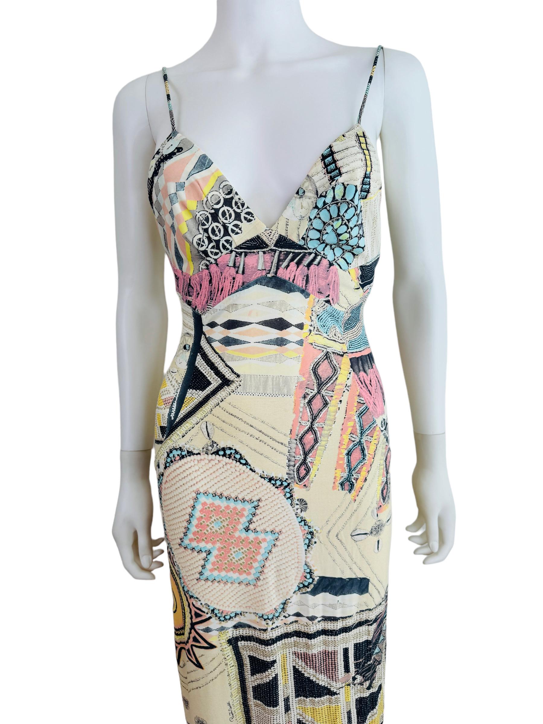 Vintage 2003 2000s Y2K Roberto Cavalli Cream Tribal Turquoise Dress Seashells For Sale 9