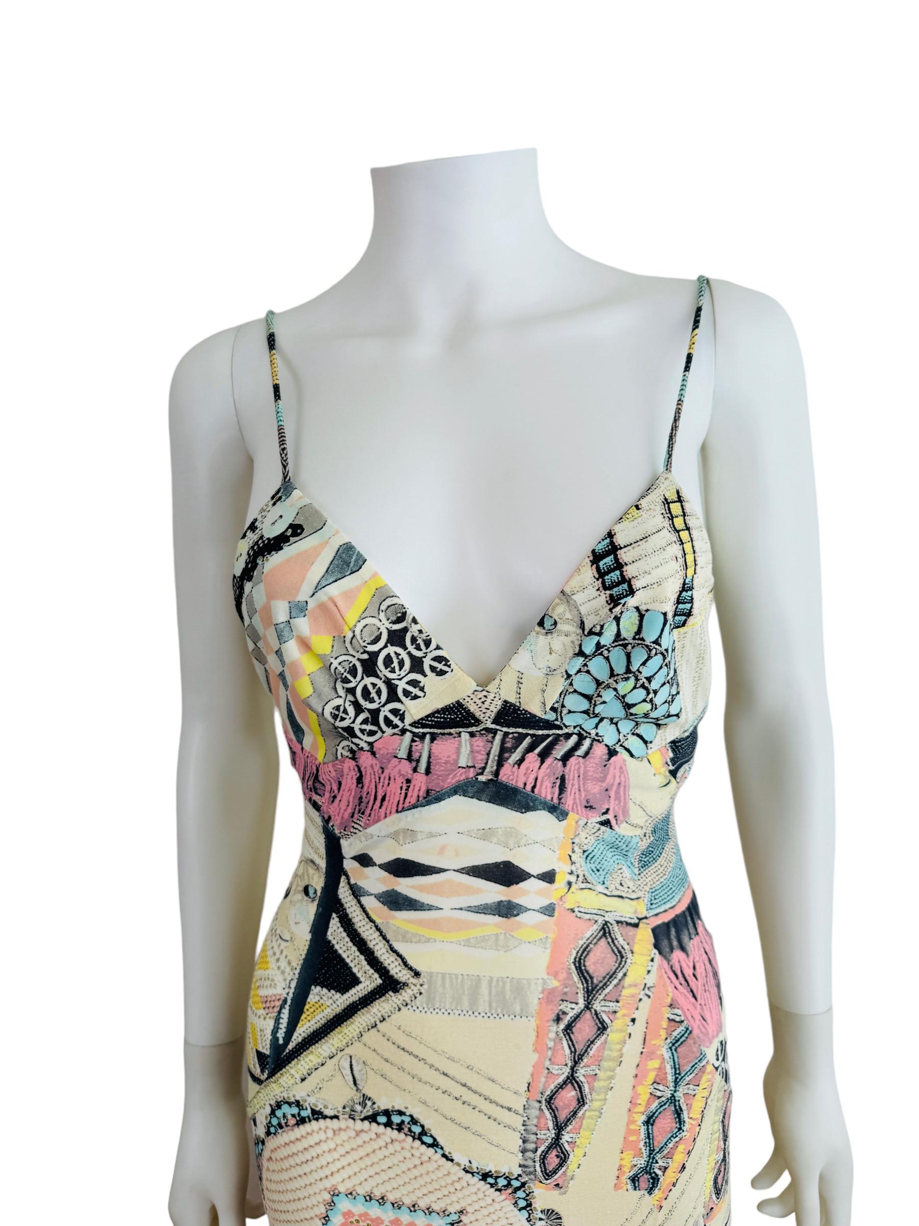 Beige Vintage 2003 2000s Y2K Roberto Cavalli Cream Tribal Turquoise Dress Seashells For Sale