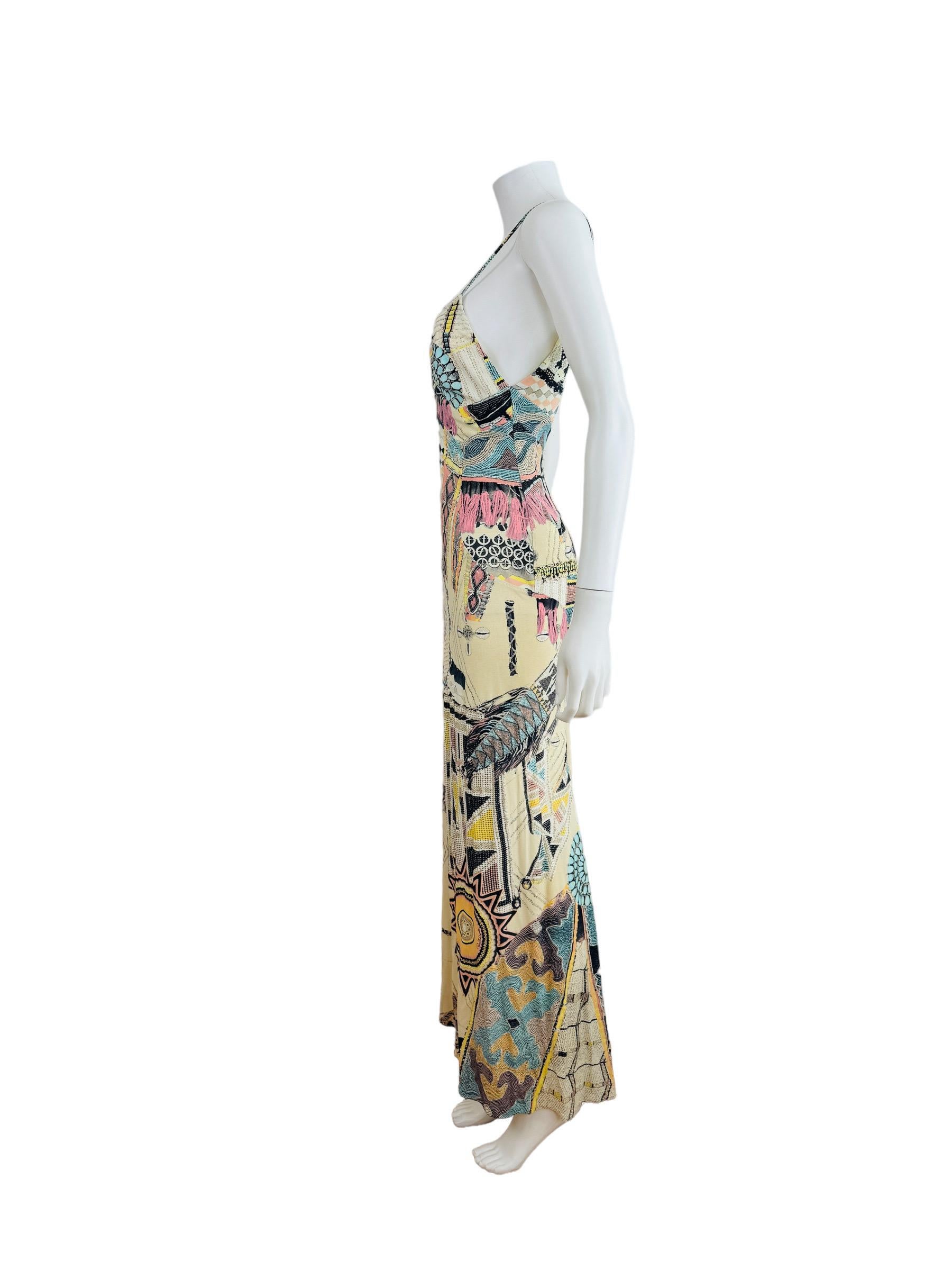 Vintage 2003 2000s Y2K Roberto Cavalli Cream Tribal Turquoise Dress Seashells In Excellent Condition For Sale In Denver, CO