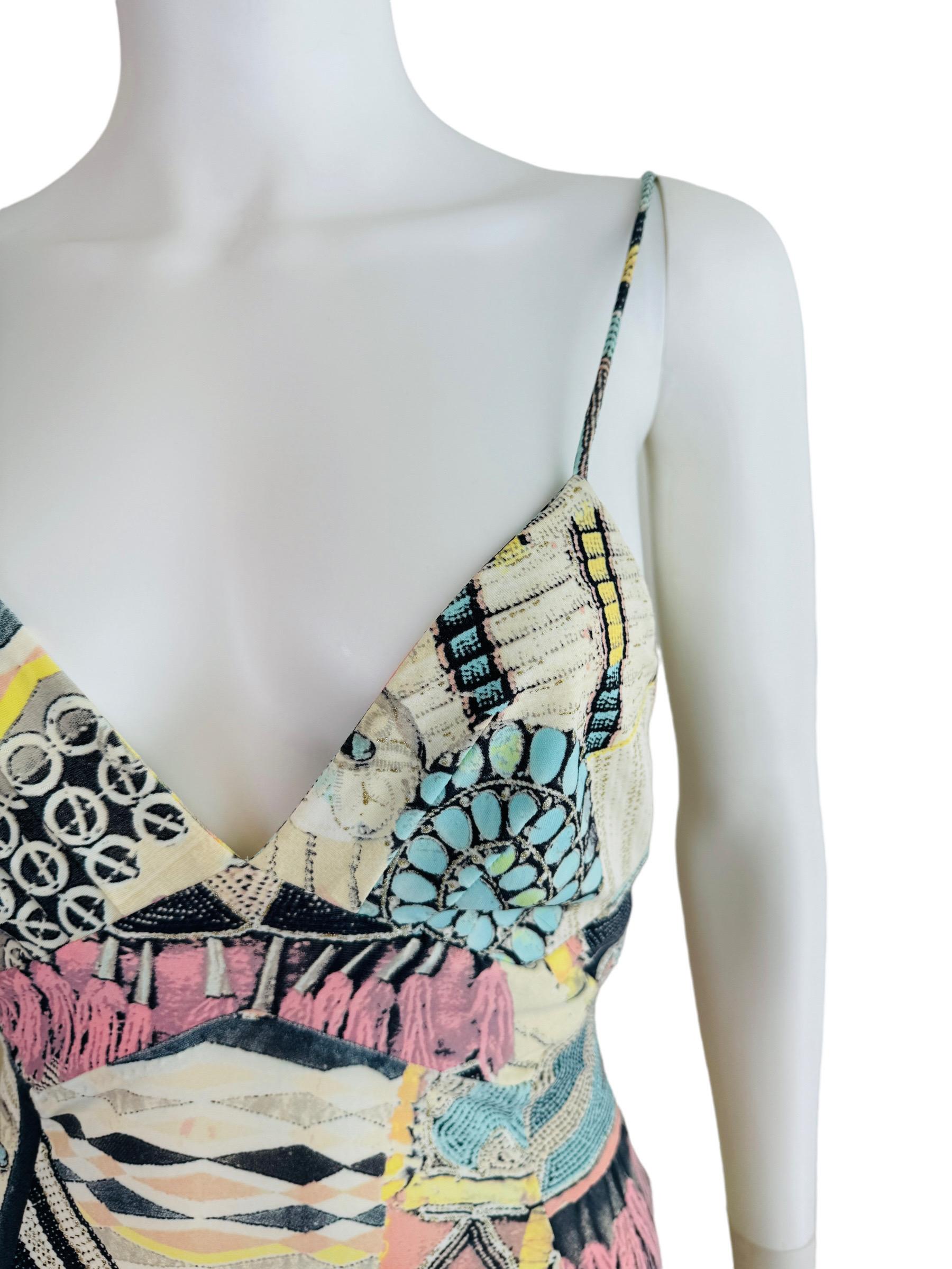 Women's Vintage 2003 2000s Y2K Roberto Cavalli Cream Tribal Turquoise Dress Seashells For Sale