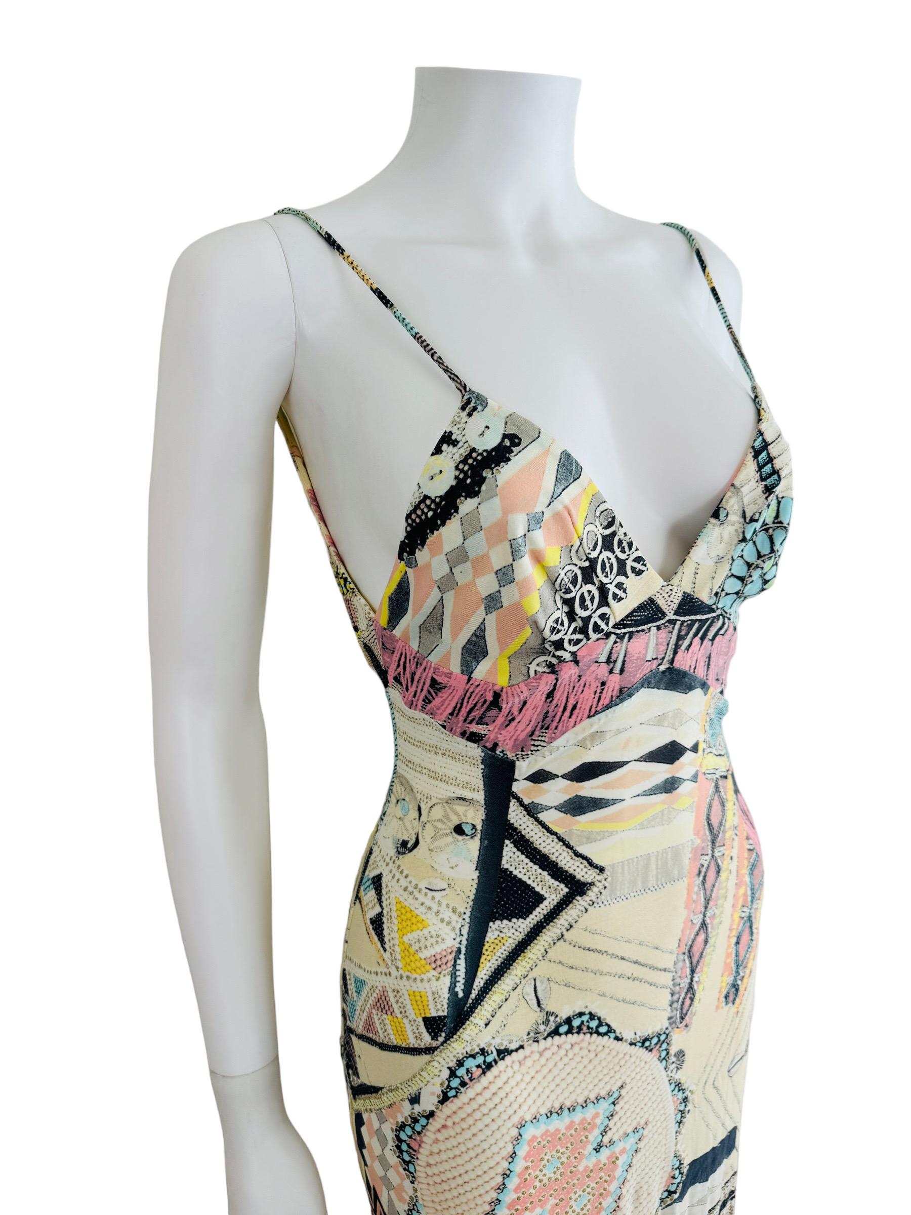 Vintage 2003 2000s Y2K Roberto Cavalli Cream Tribal Turquoise Dress Seashells For Sale 1