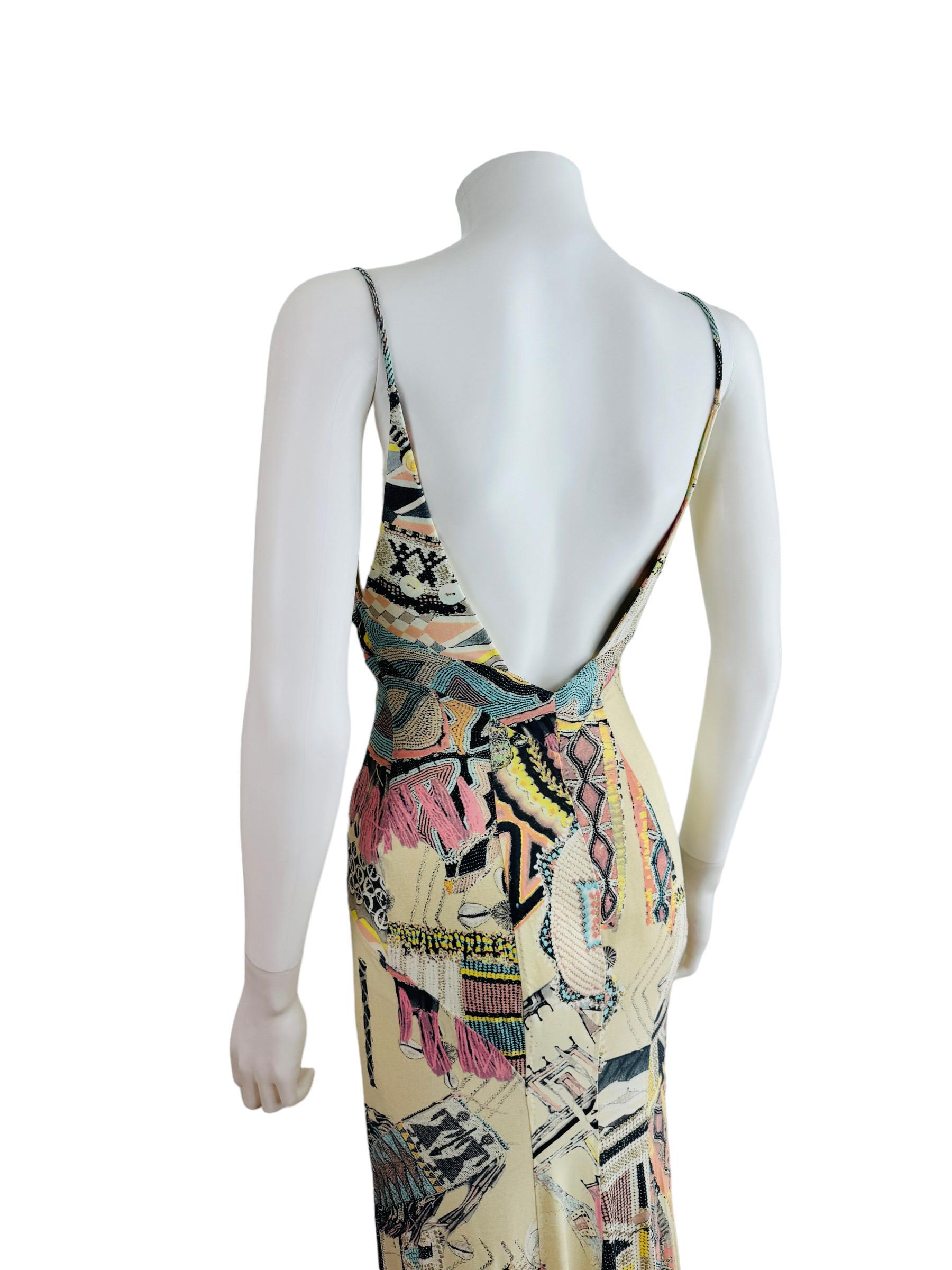 Vintage 2003 2000s Y2K Roberto Cavalli Cream Tribal Turquoise Dress Seashells For Sale 3
