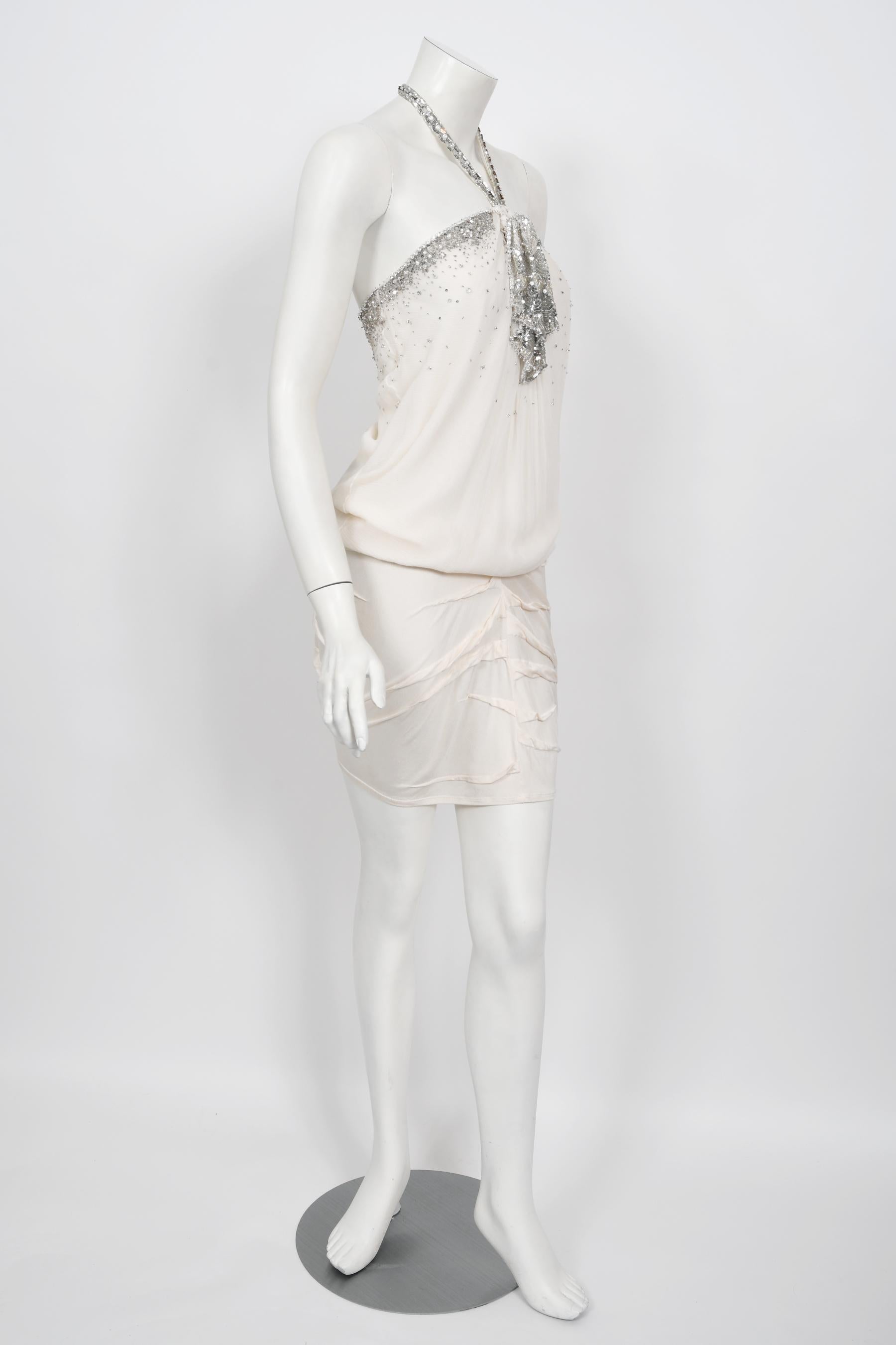 Women's Vintage 2003 Christian Dior by Galliano Beaded Ivory Silk Flapper Mini Dress