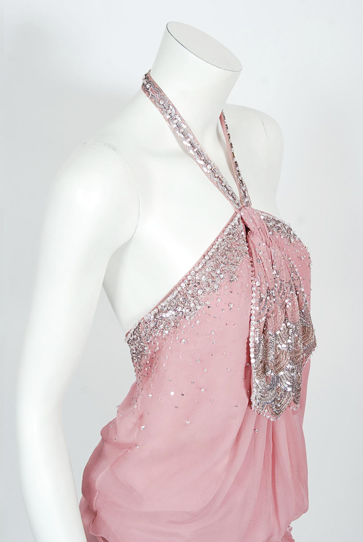 Vintage 2003 Christian Dior by Galliano Beaded Pale Pink Silk Flapper Mini Dress 6