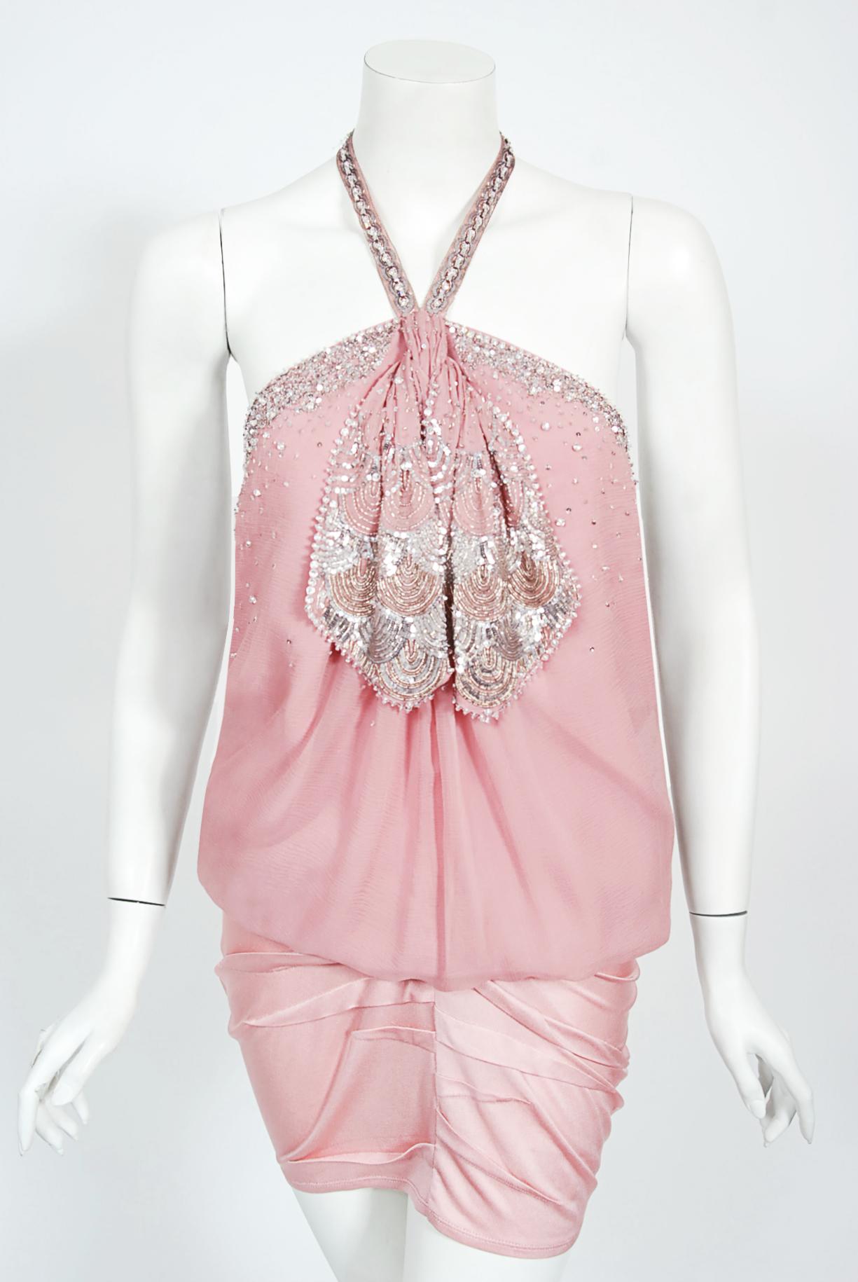 Vintage 2003 Christian Dior by Galliano Beaded Pale Pink Silk Flapper Mini Dress In Good Condition In Beverly Hills, CA