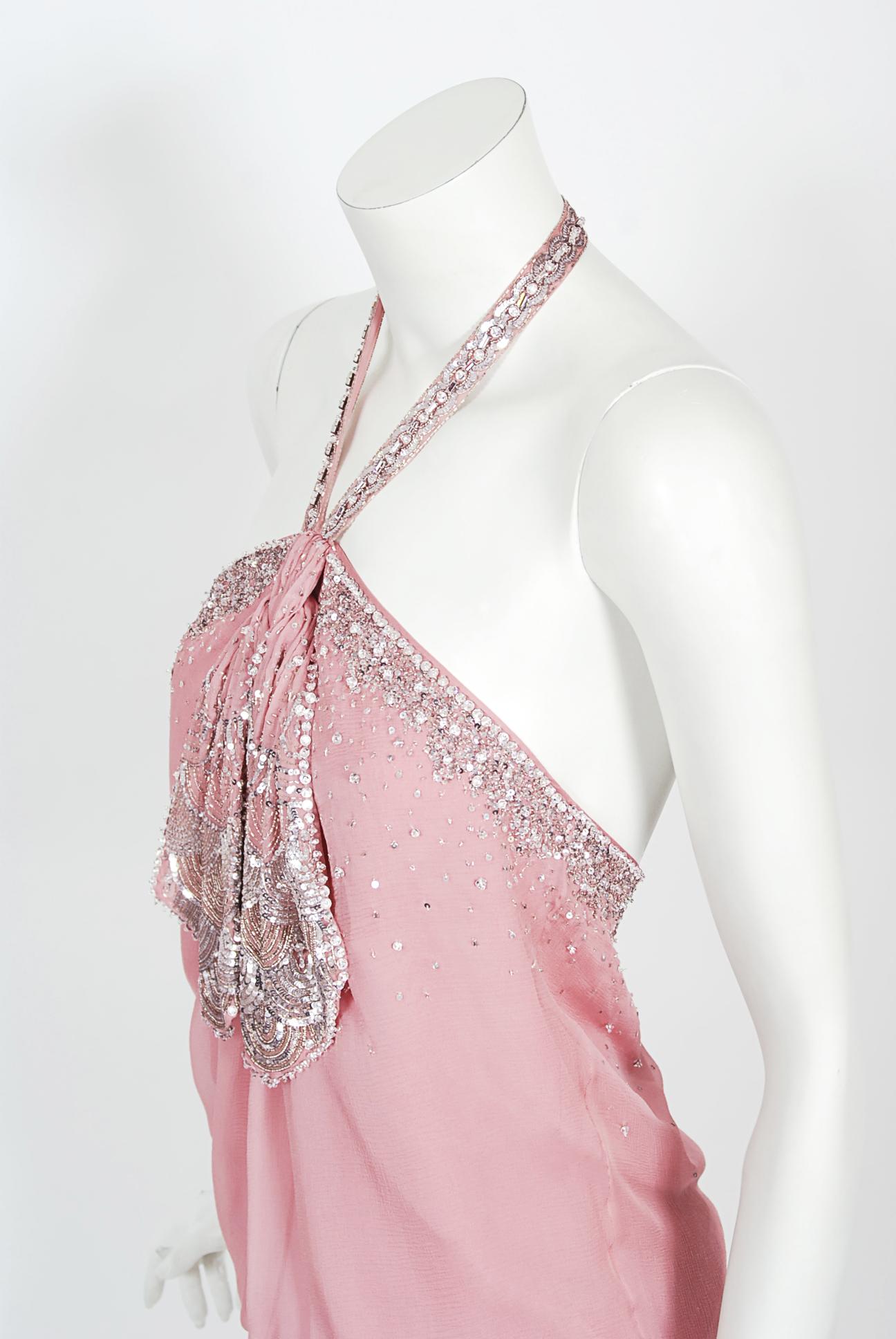 Vintage 2003 Christian Dior by Galliano Beaded Pale Pink Silk Flapper Mini Dress 2