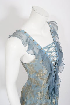 Vintage 2003 Christian Dior by Galliano Metallic Blue Silk Lace-Up Bias Cut Gown