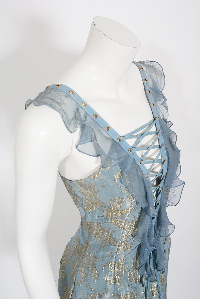 Vintage 2003 Christian Dior by Galliano Metallic Blue Silk Lace-Up Bias ...